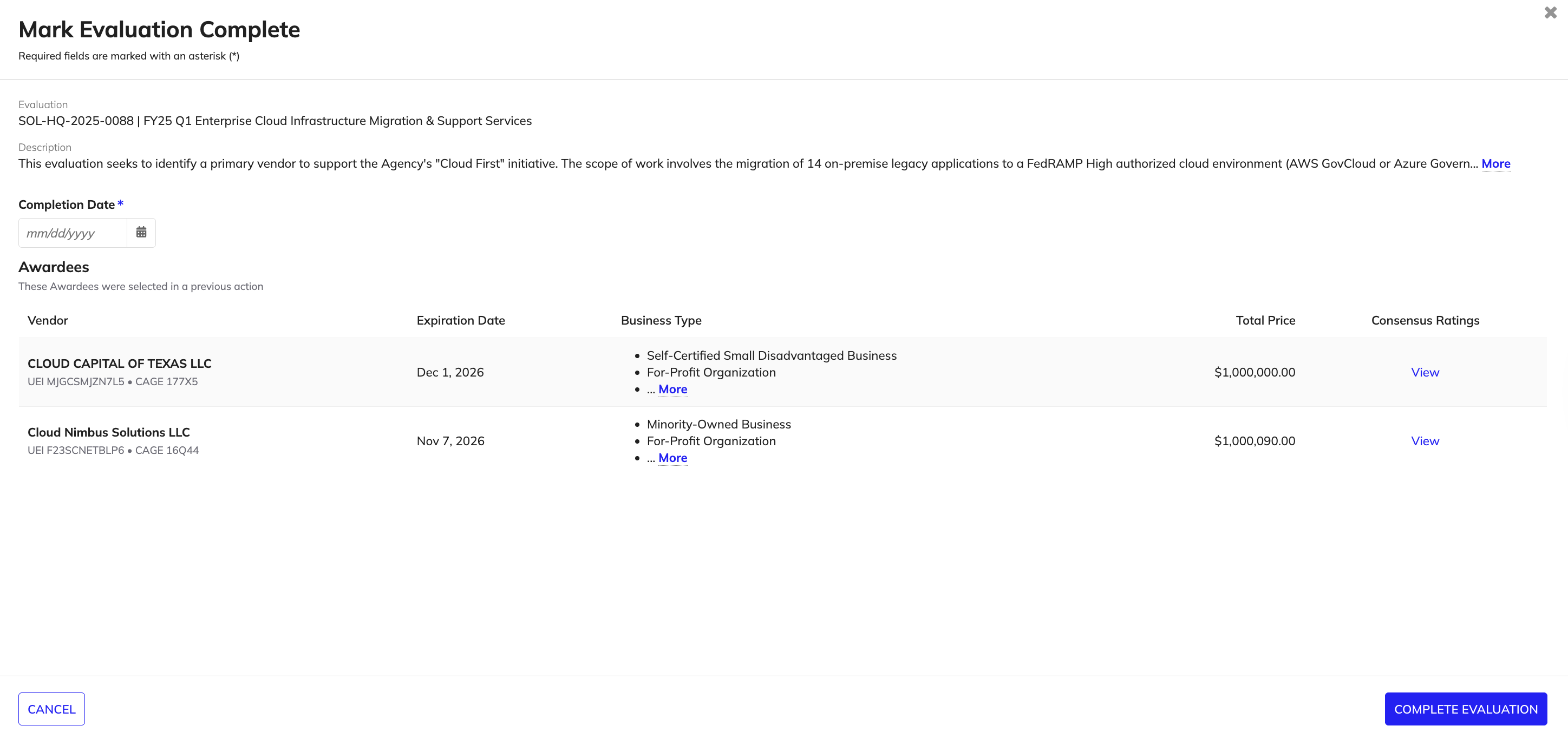 Mark Evaluation Complete dialog with date selection.
