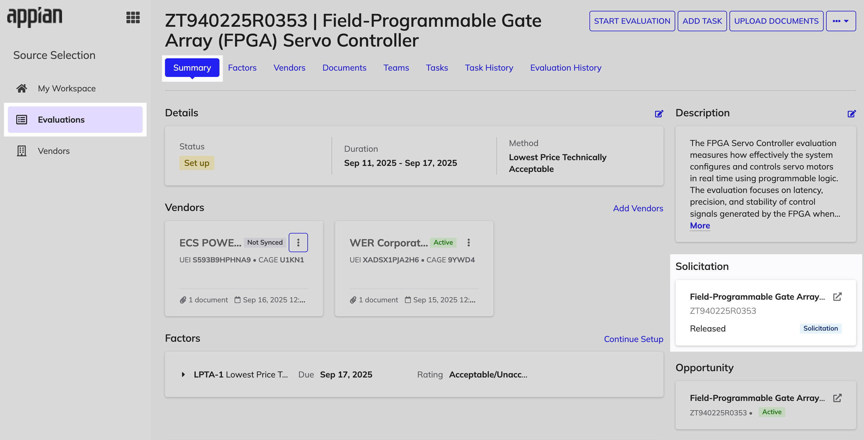 GSS evaluation summary showing Solicitation card.