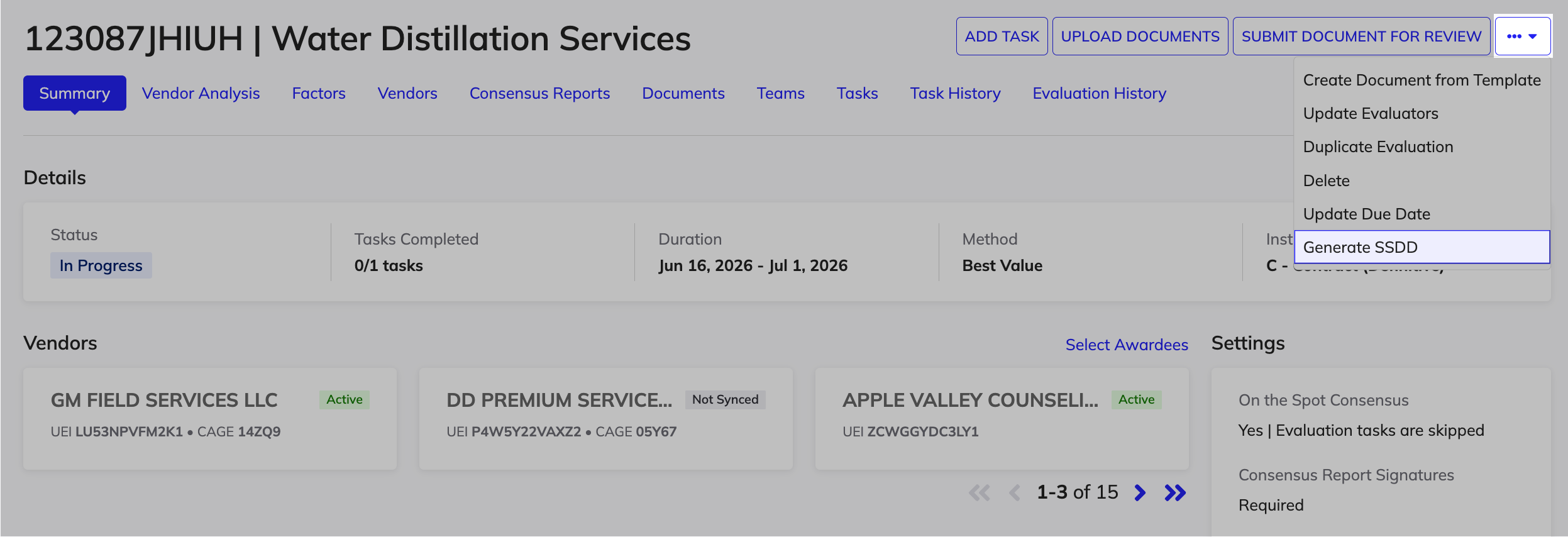 Generate SSDD action on the evaluation summary.