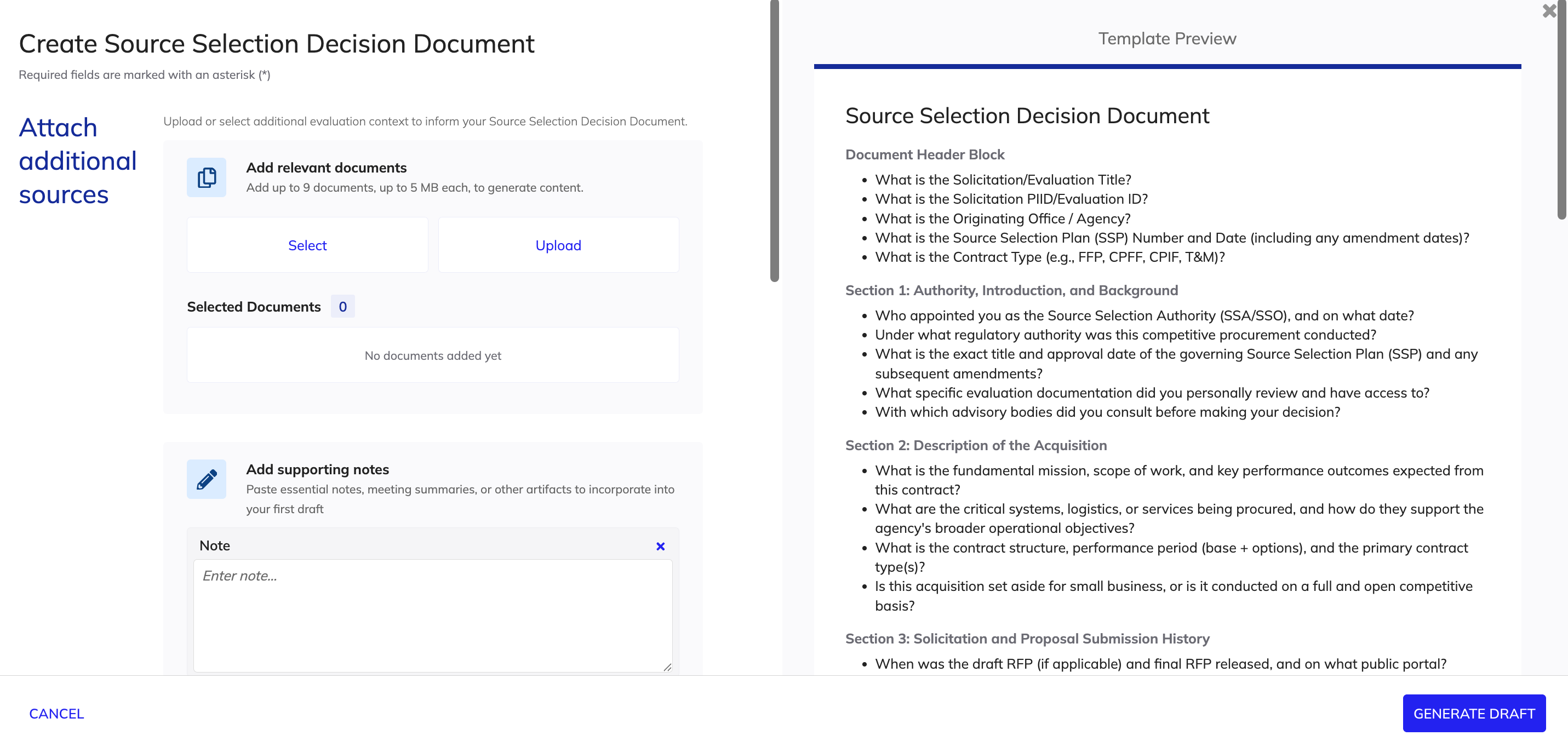 The Create Source Selection Decision Document screen displays list of vendors, template preview, and options to attach documents and notes.