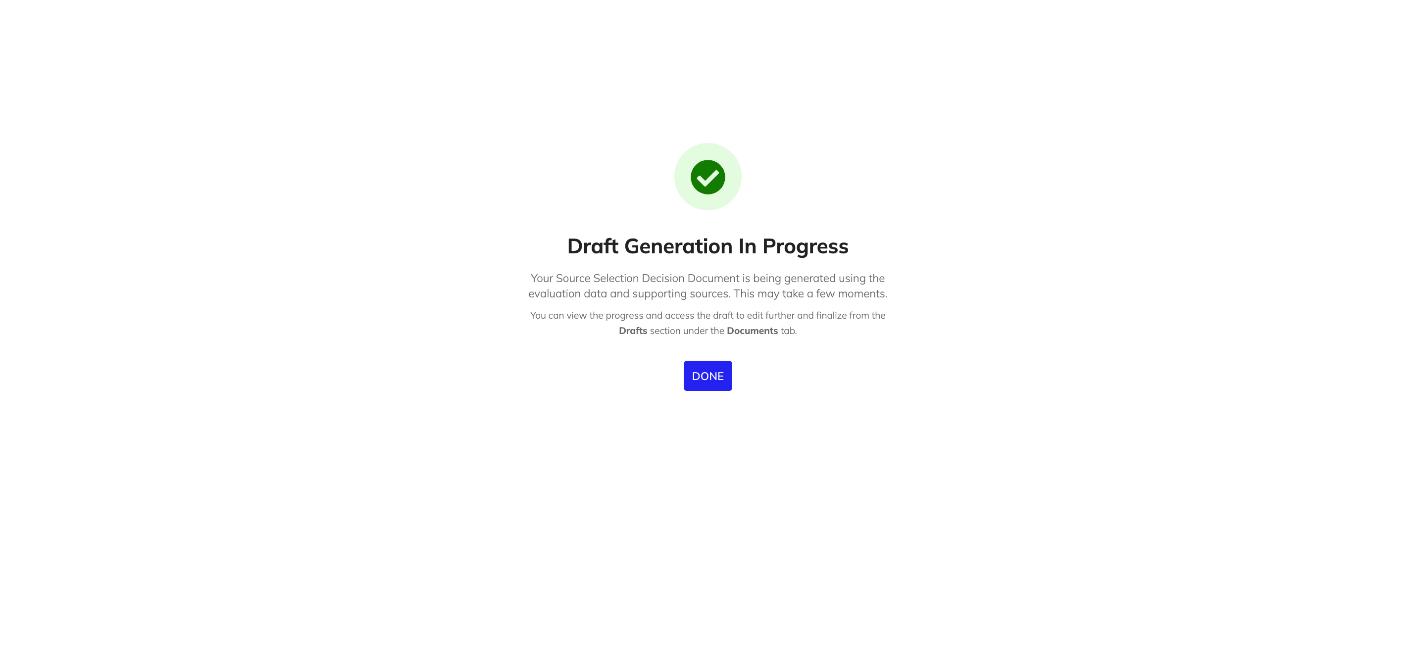 SSDD draft generation confirmation screen with information about the status of SSDD generation.
