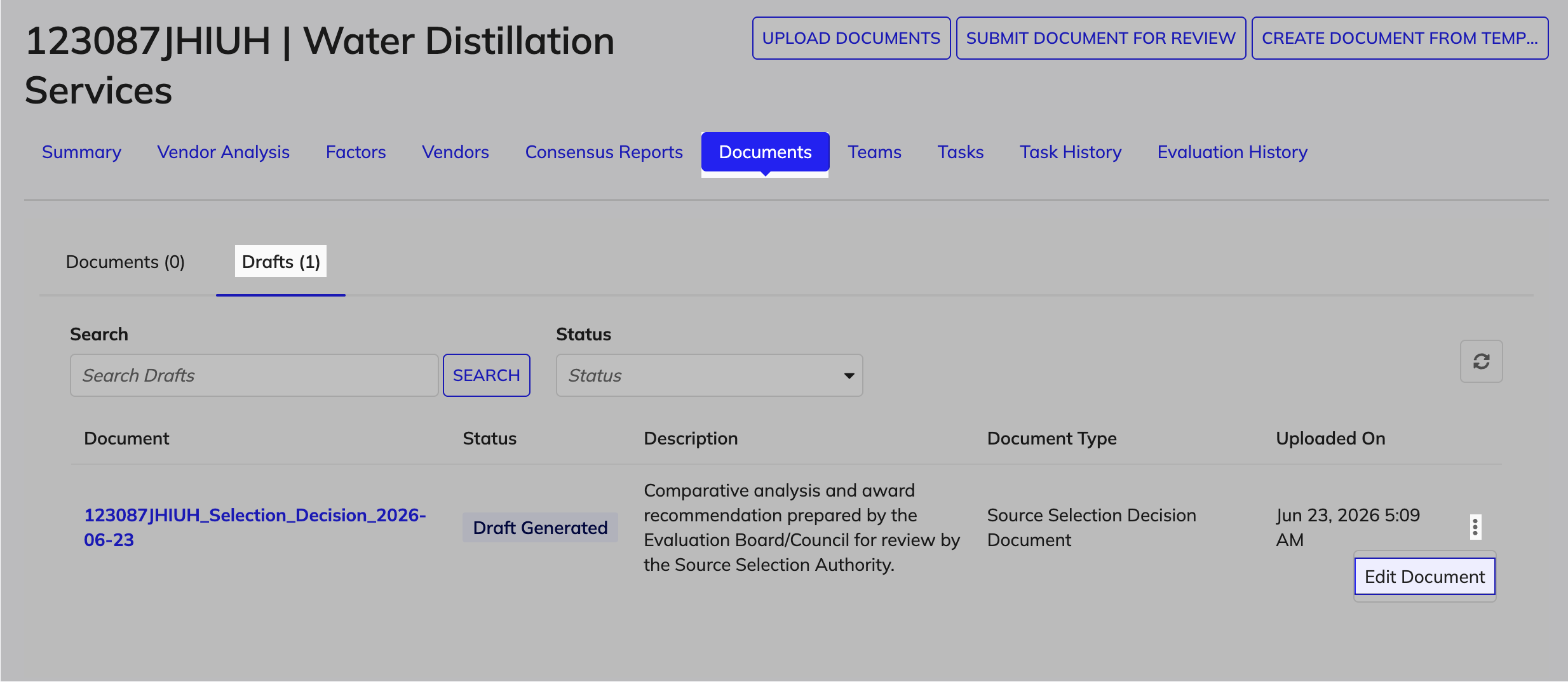 Documents tab showing the Drafts sub-tab with in-progress SSDD documents.