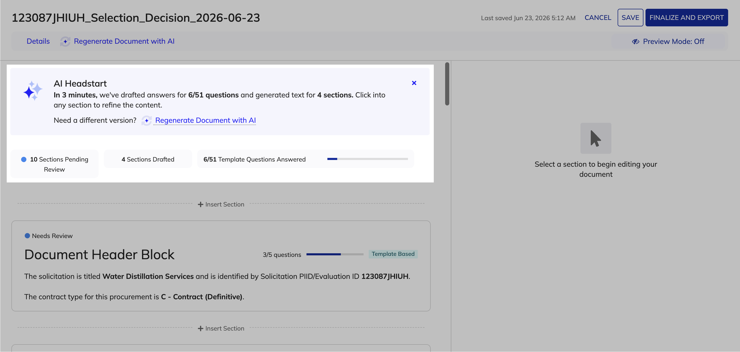 Edit mode screen showing the AI Headstart banner with sections pending review, drafted sections, and questions answered by AI.