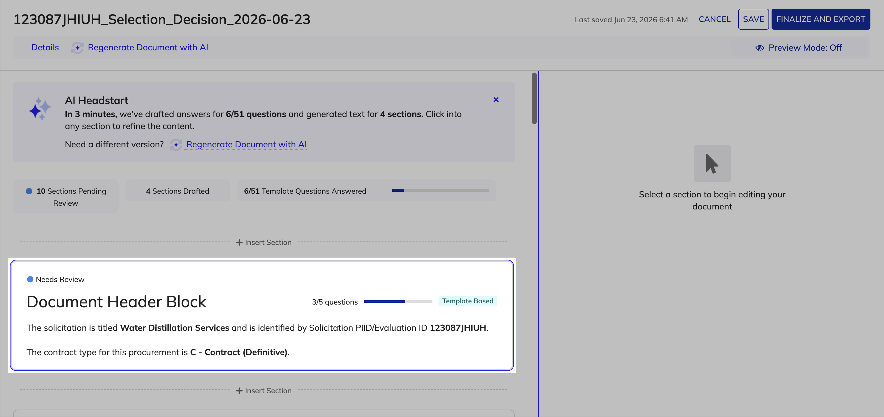 Expanded section view showing section details with questions and response fields.