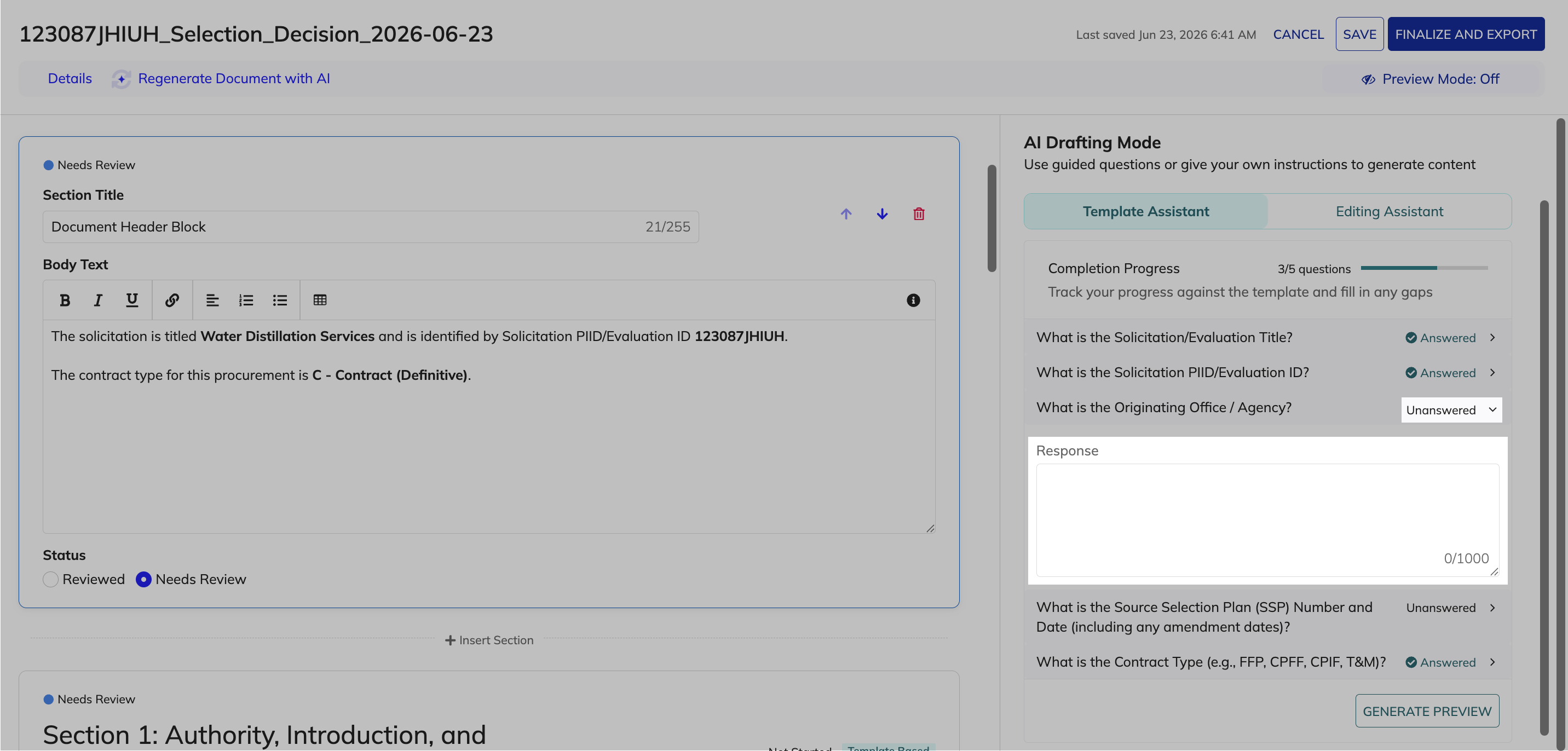 Expanded unanswered question with the Response field for manual entry.