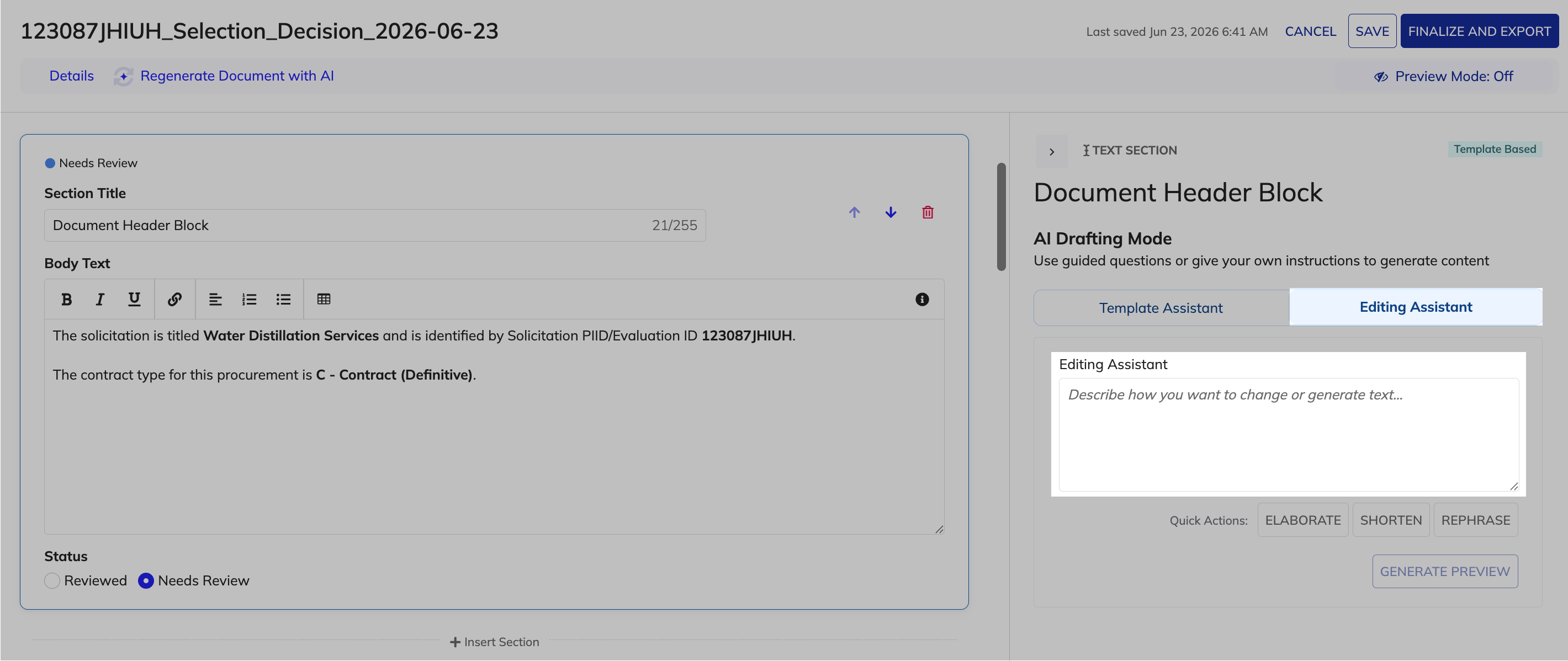 Editing Assistant panel showing AI-powered response generation for an unanswered question.