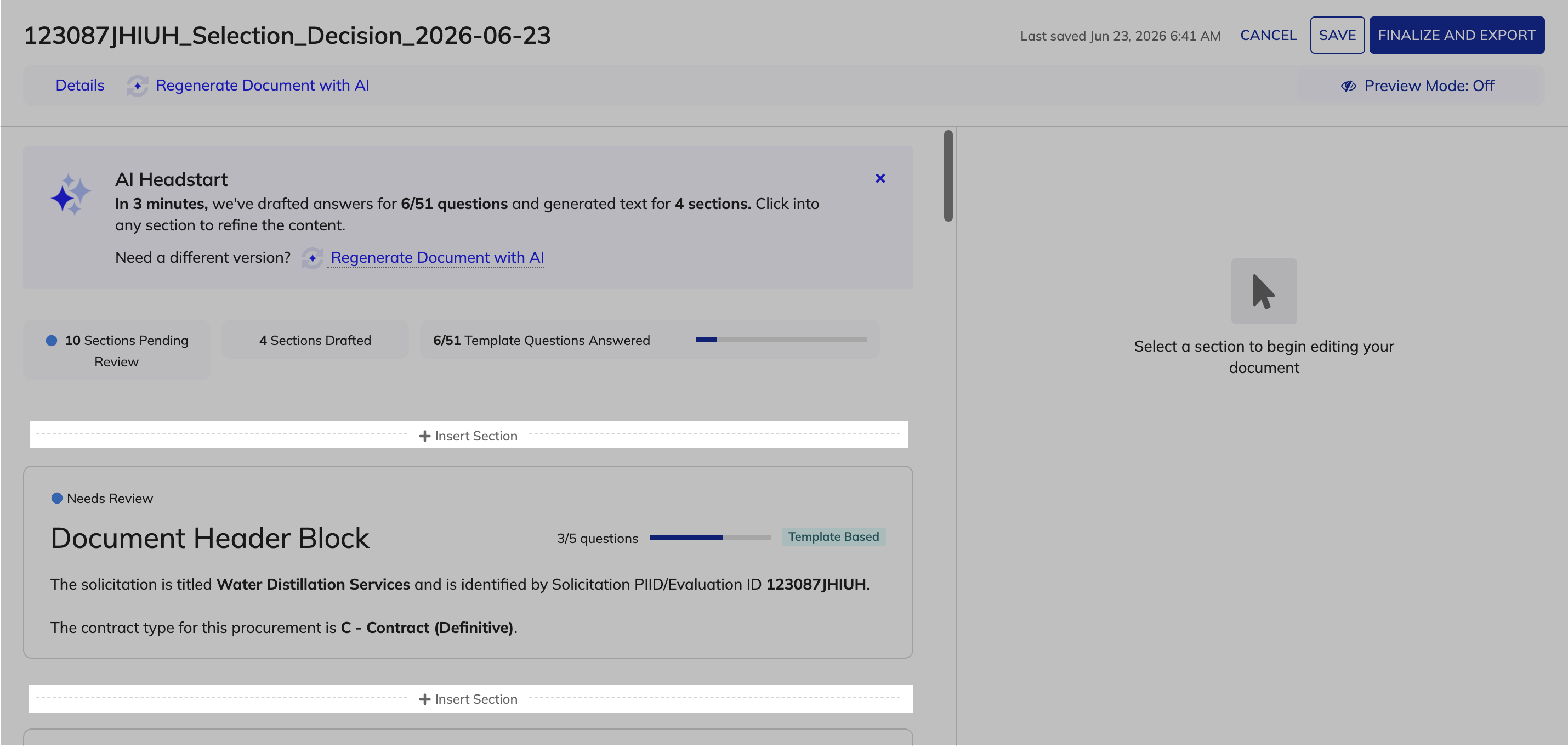 Insert Section option between existing sections in the document outline.