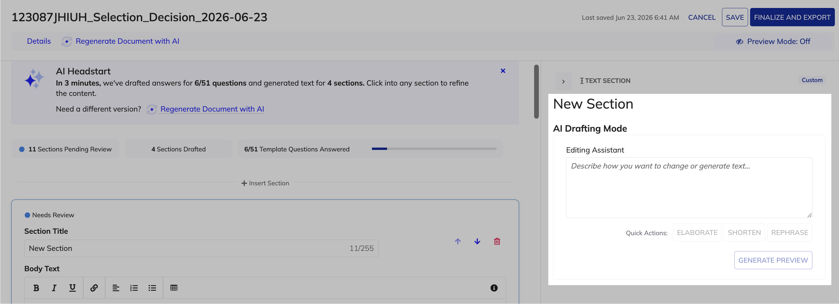 Editing Assistant generating text for a new section with the updated document preview.