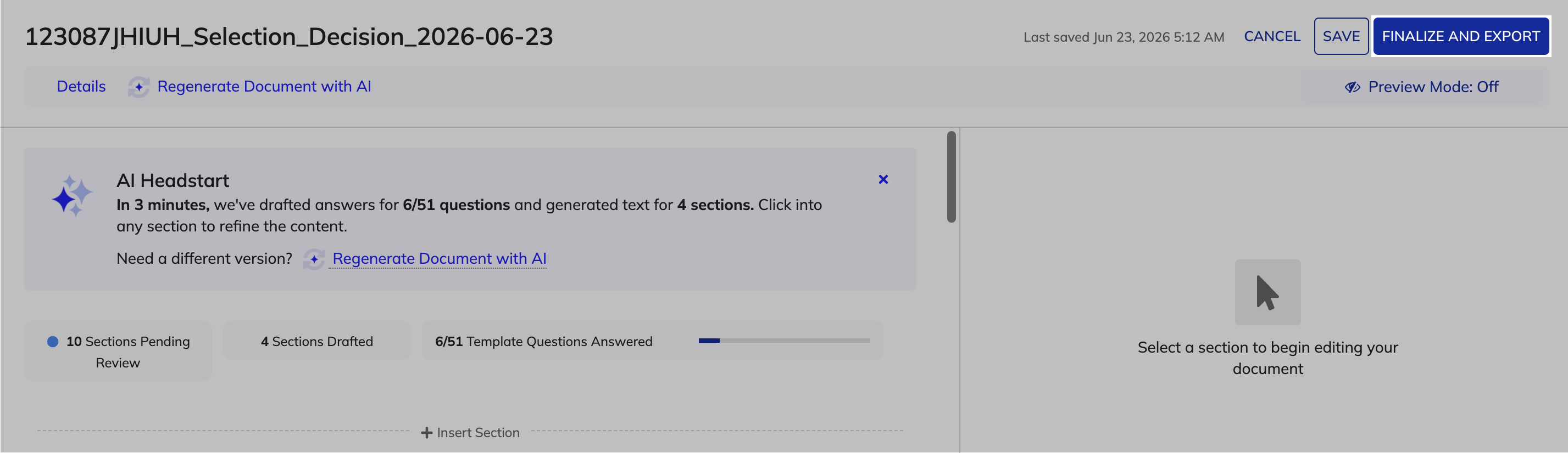 Finalize and Export button on the document edit screen to complete the SSDD draft.