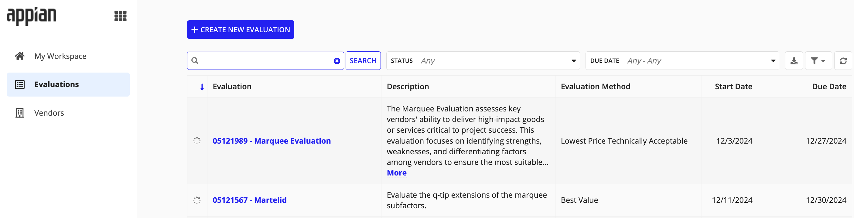 Evaluations list with search, status, and due date filters