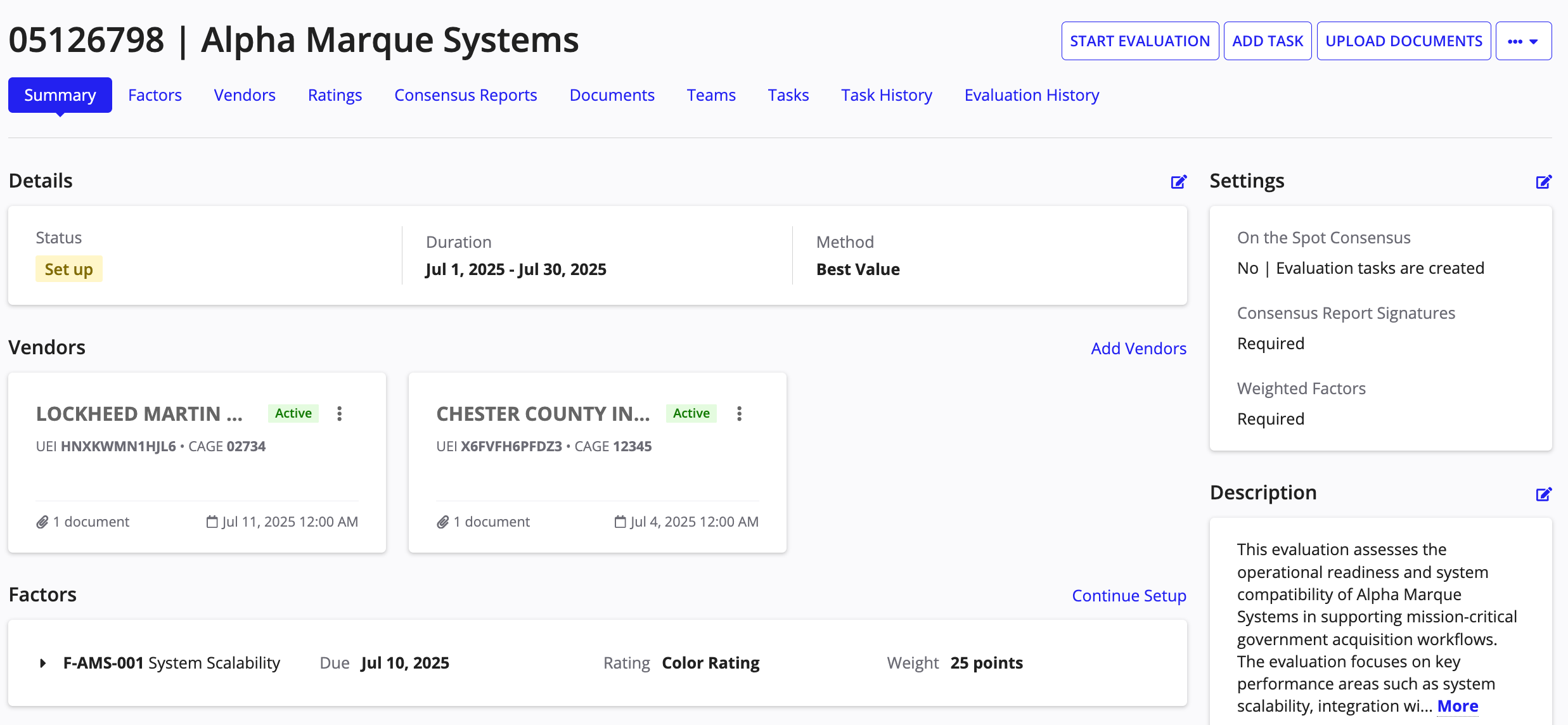 Evaluation summary view showing key details and sections.