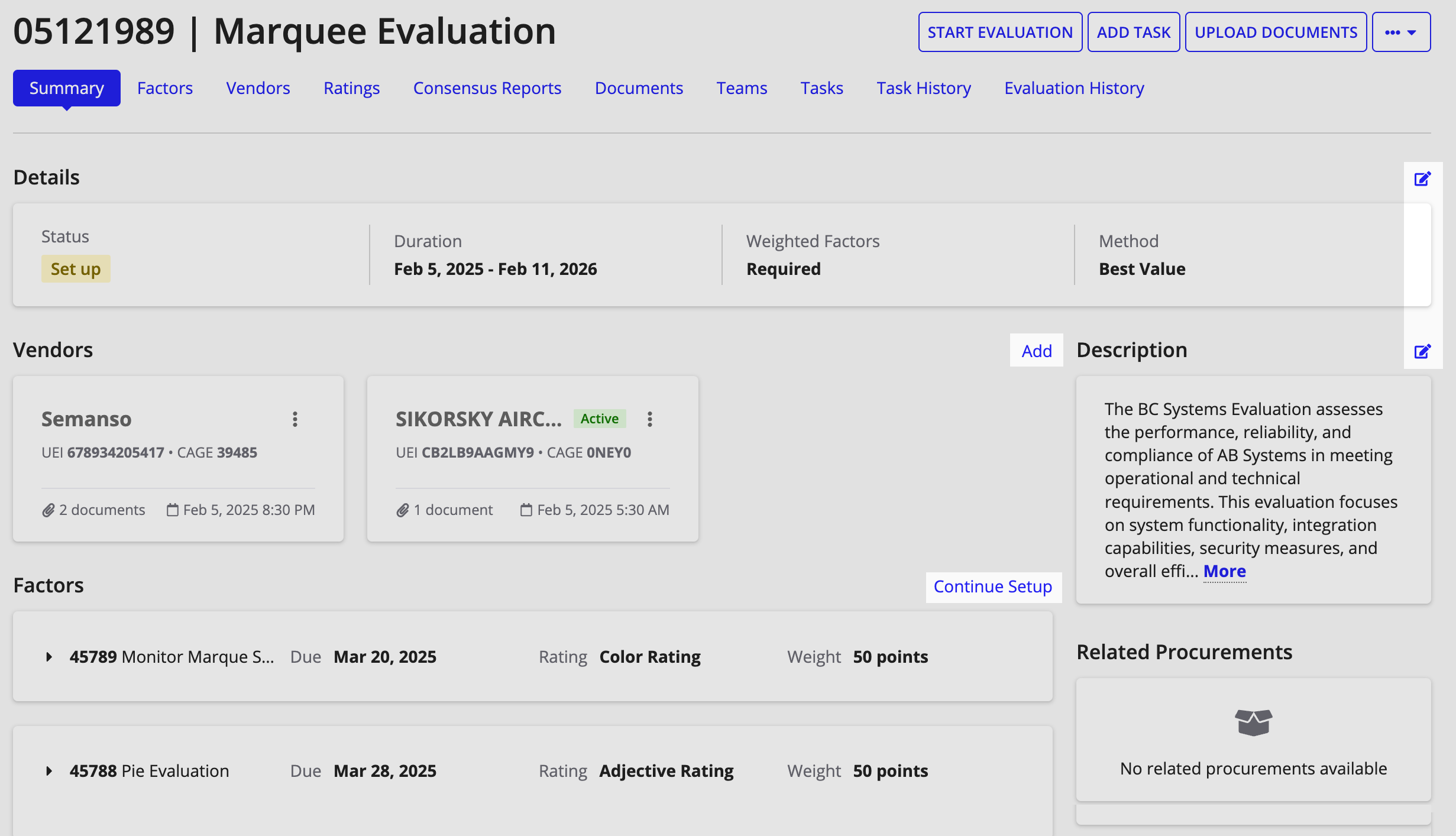 The edit icons, Add, and Continue Setup buttons let you to update specific evaluation details.