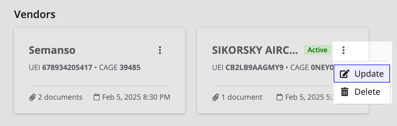 The Update option in the vendor card menu.
