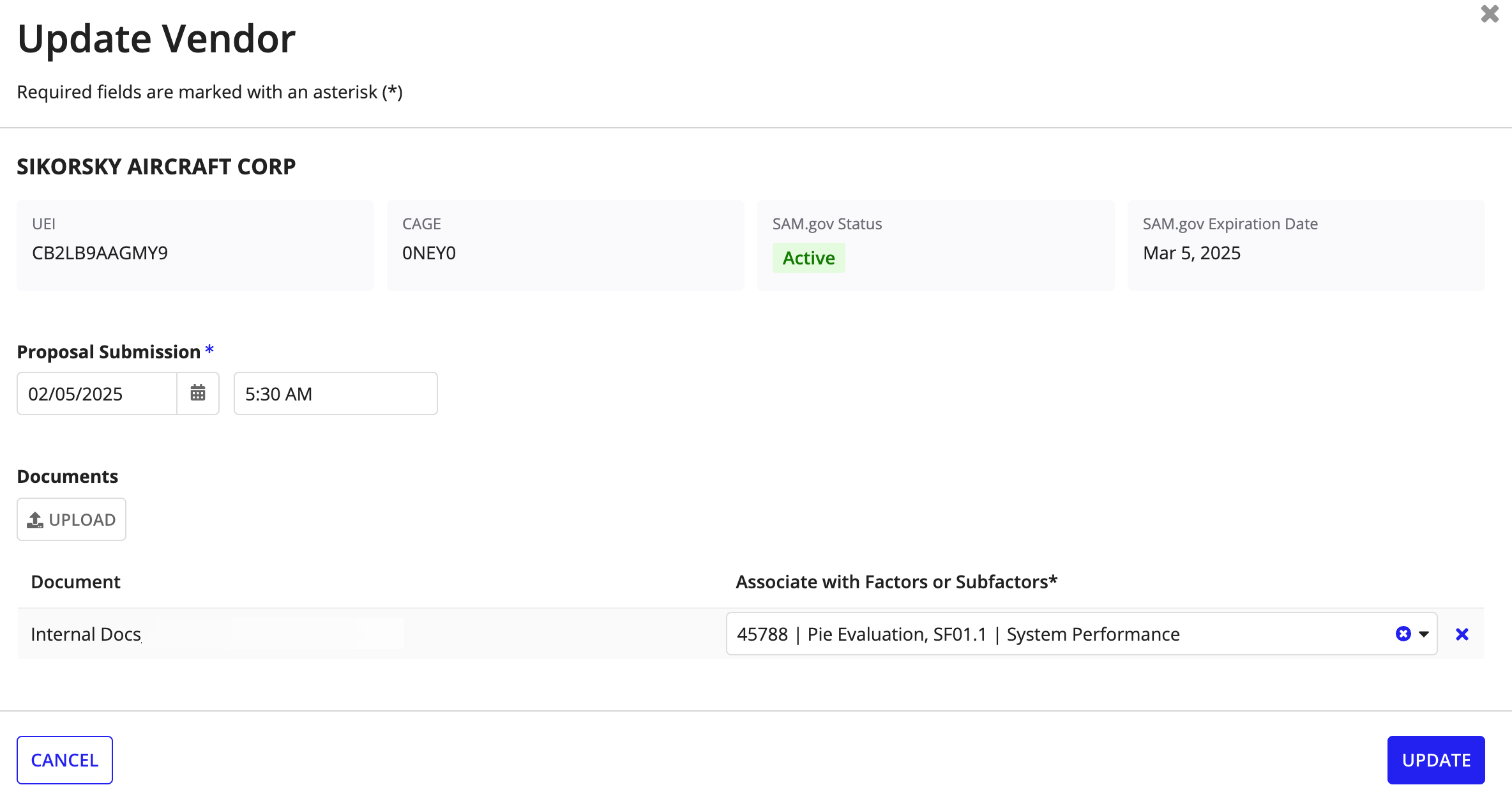 The Update Vendor dialog with vendor detail fields.