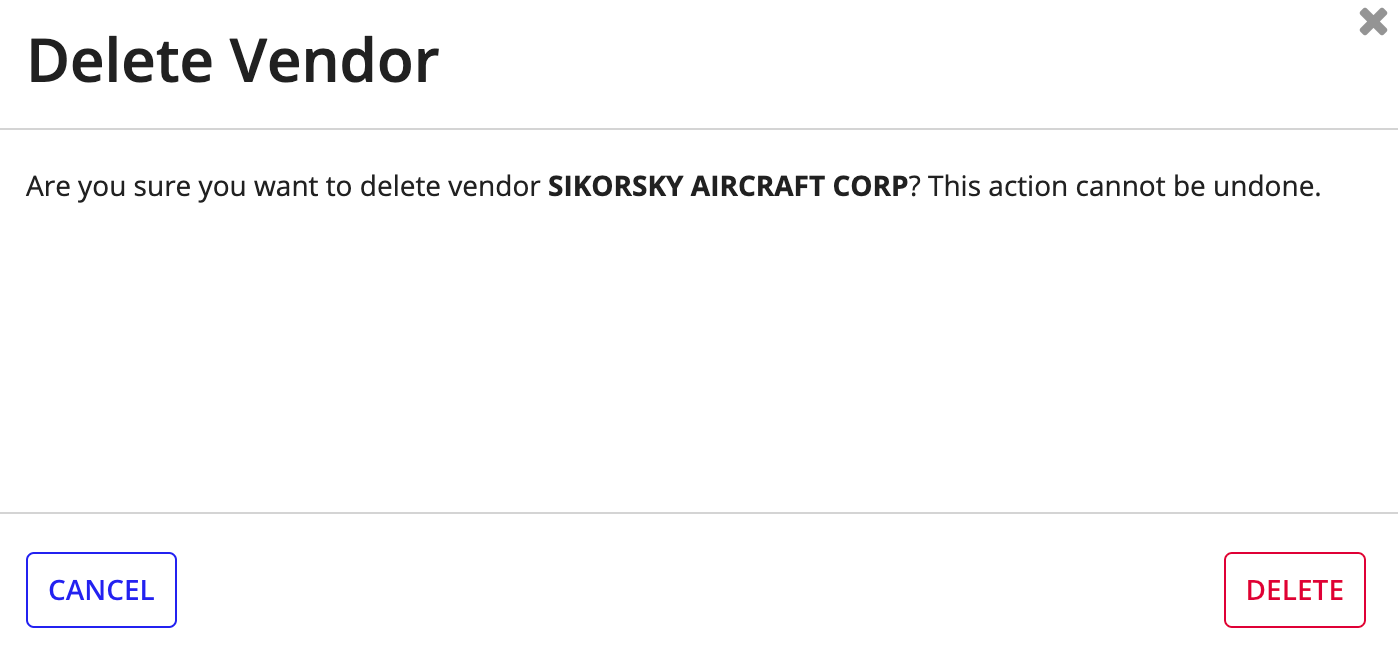 The Delete Vendor confirmation dialog.