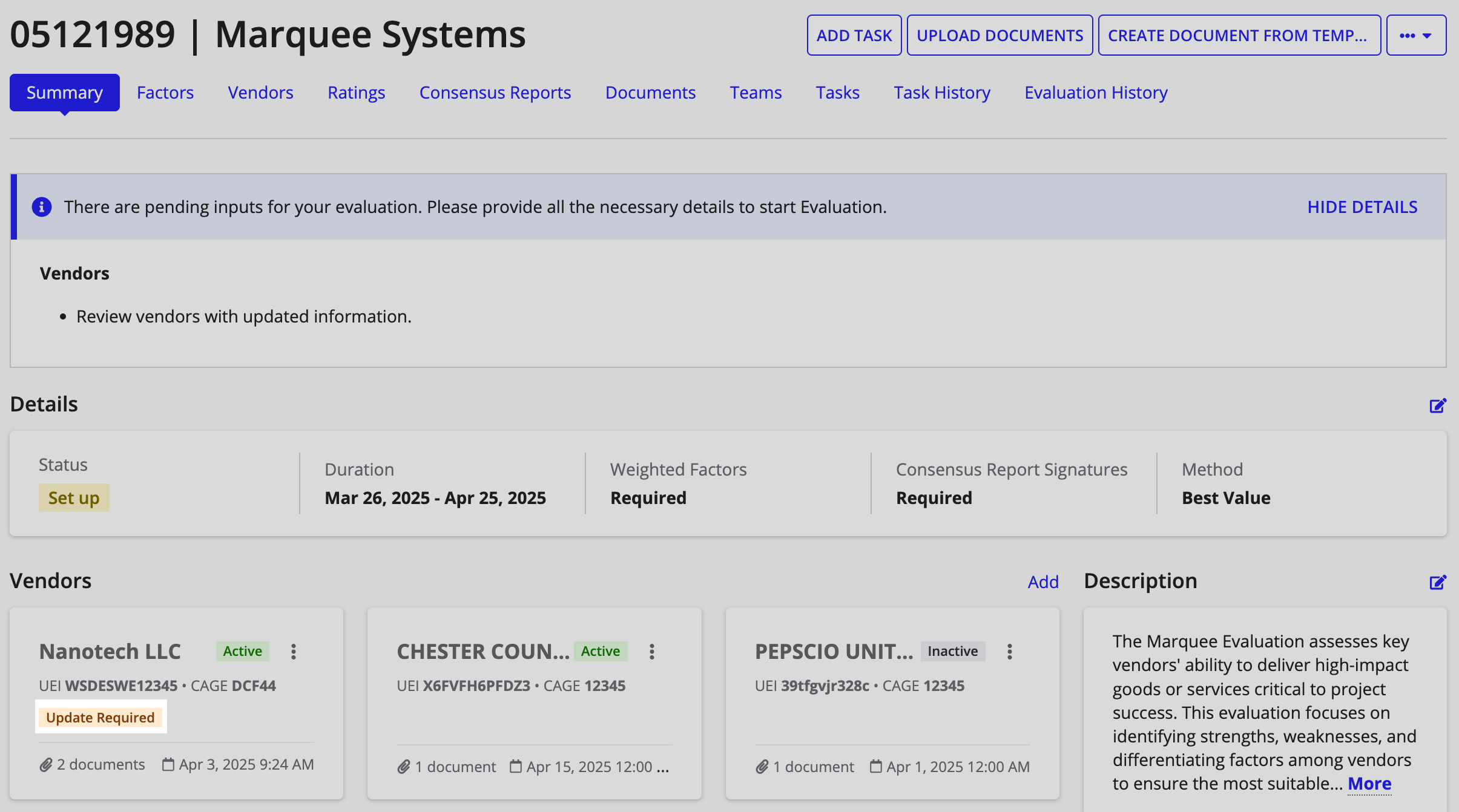 The Update Required tag next to the related vendor in GSS when the vendor resubmits a proposal in VM
