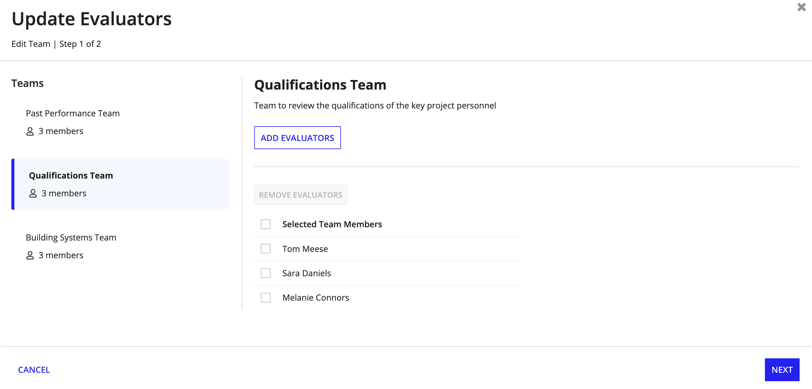 Evaluator team list.
