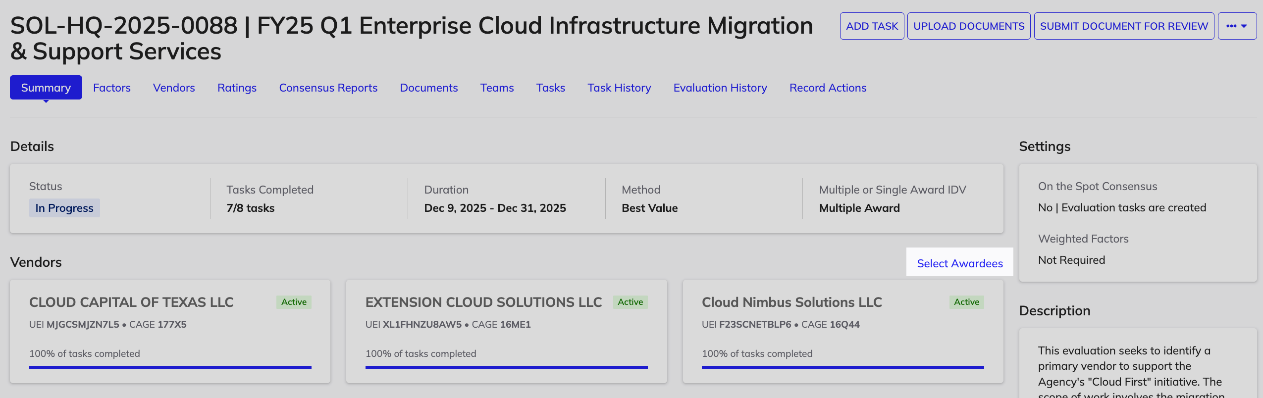 Evaluation summary page showing the "Select Awardees" link in the Vendors section.