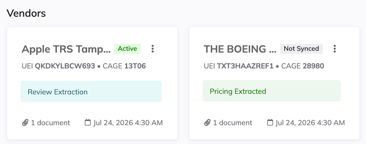 Vendor cards showing the Review Extraction and Pricing Extracted statuses.