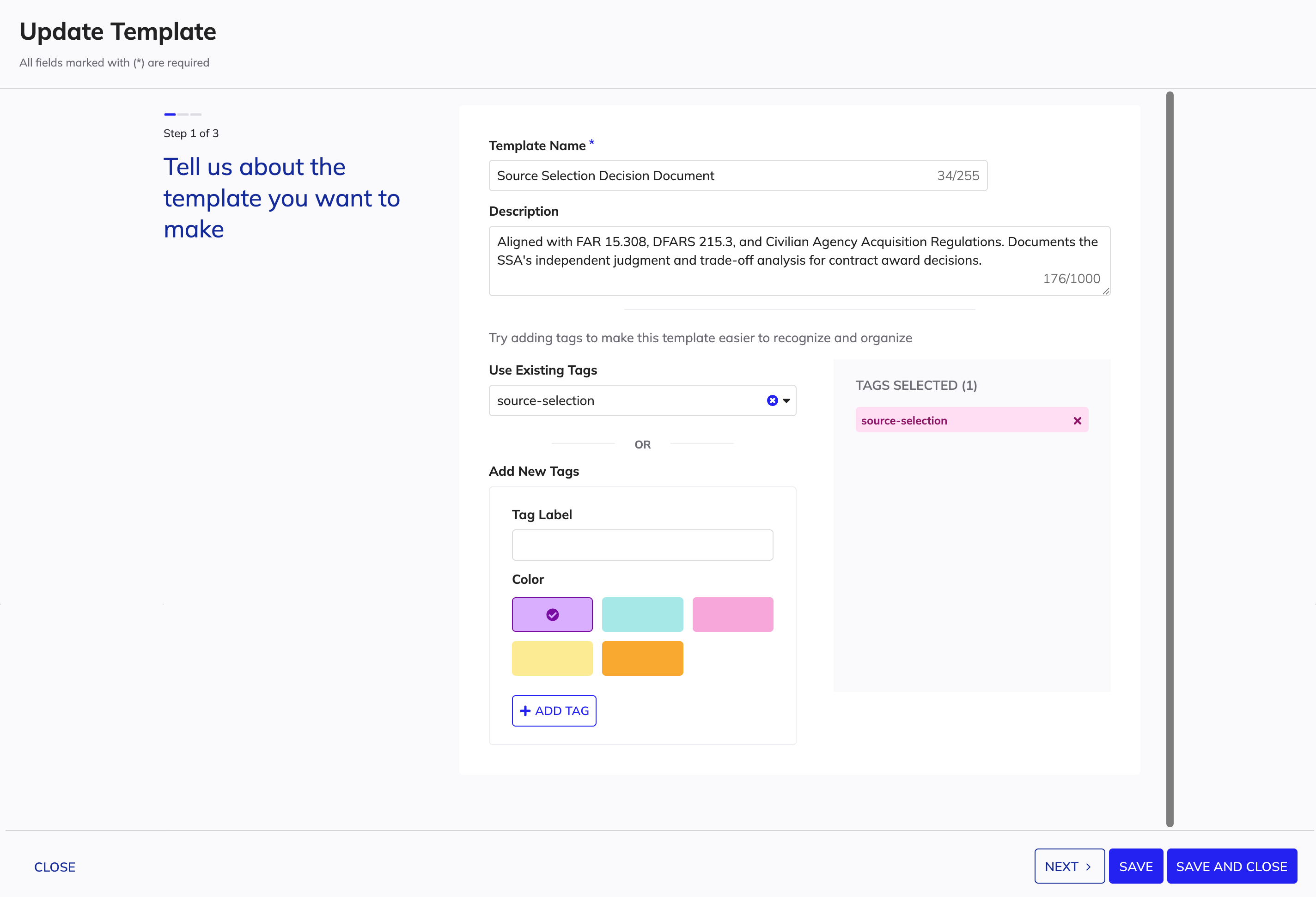 Update Template Step 1 showing template name, description, and tag configuration.