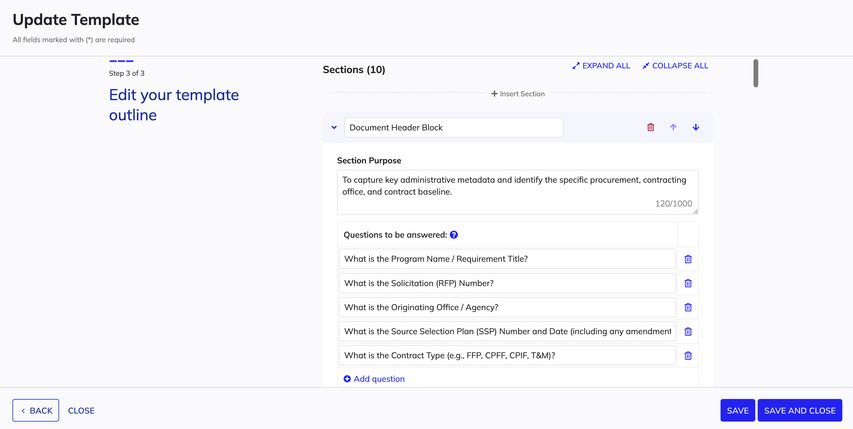 Update Template Step 3 showing the template outline editor with sections, section purposes, and questions.