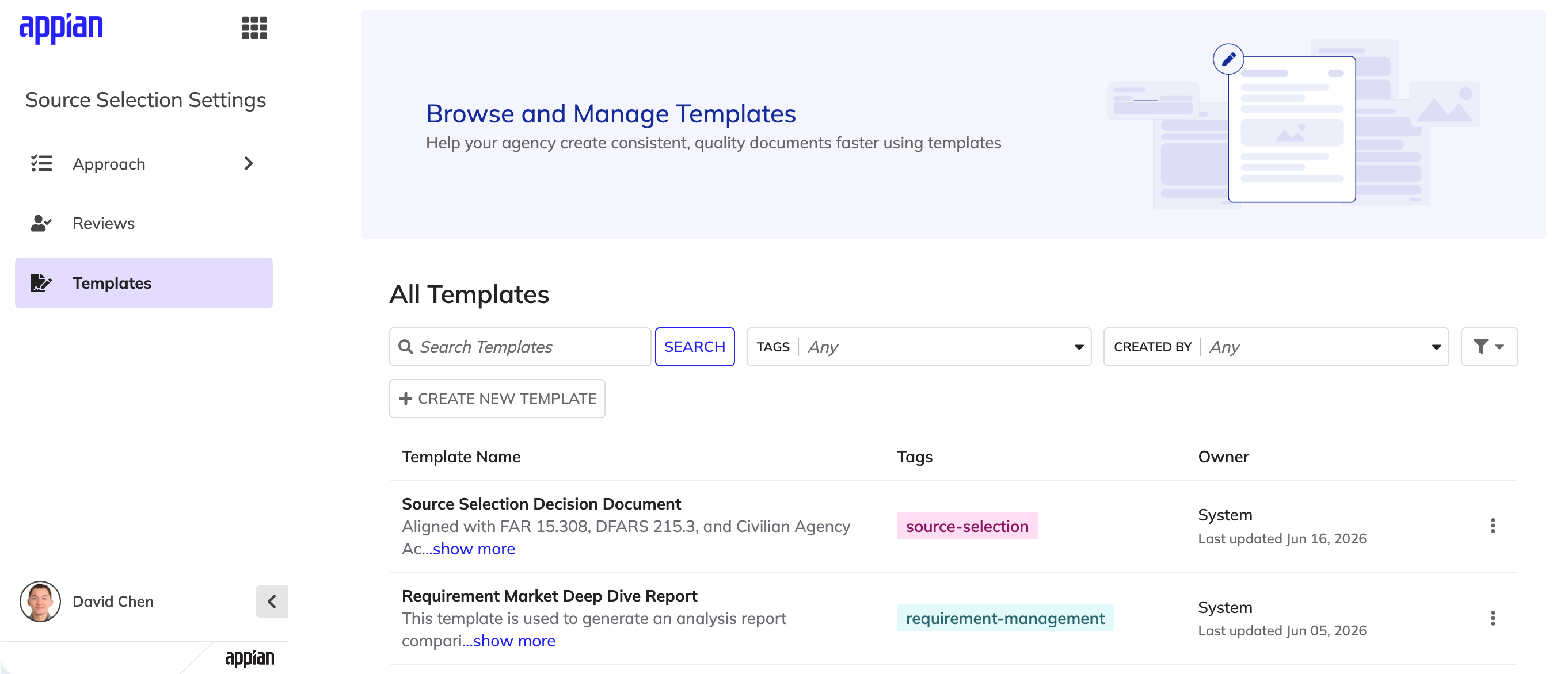 Templates page showing the template list with search, tag, and owner filters.