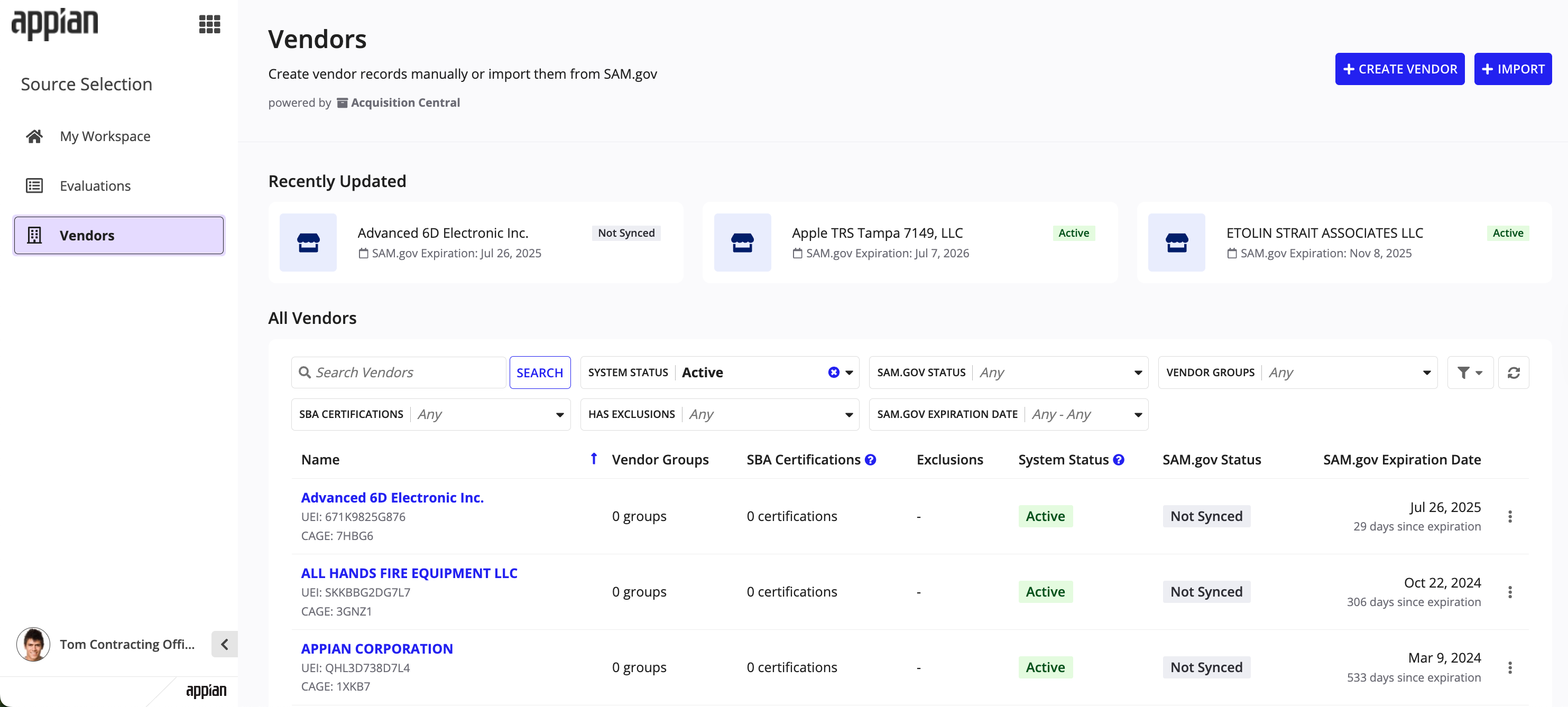 GSS Vendors page: searchable list of vendors with filter options.