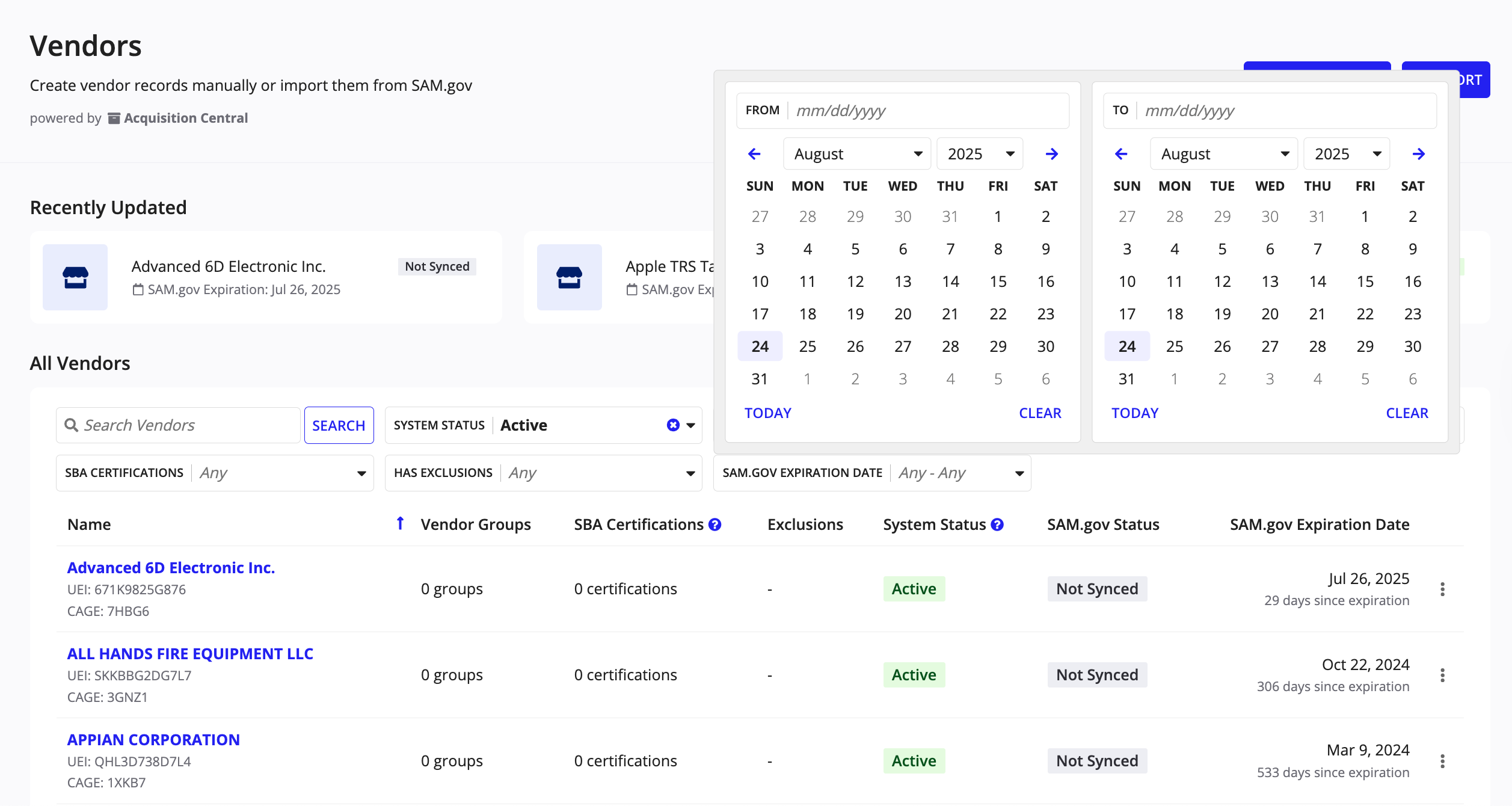GSS Vendors list, showing search, filters, and SAM.gov expiration date picker.