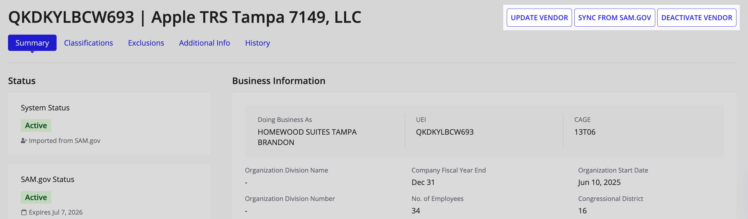 Vendor summary page showing status, business information, and available actions.