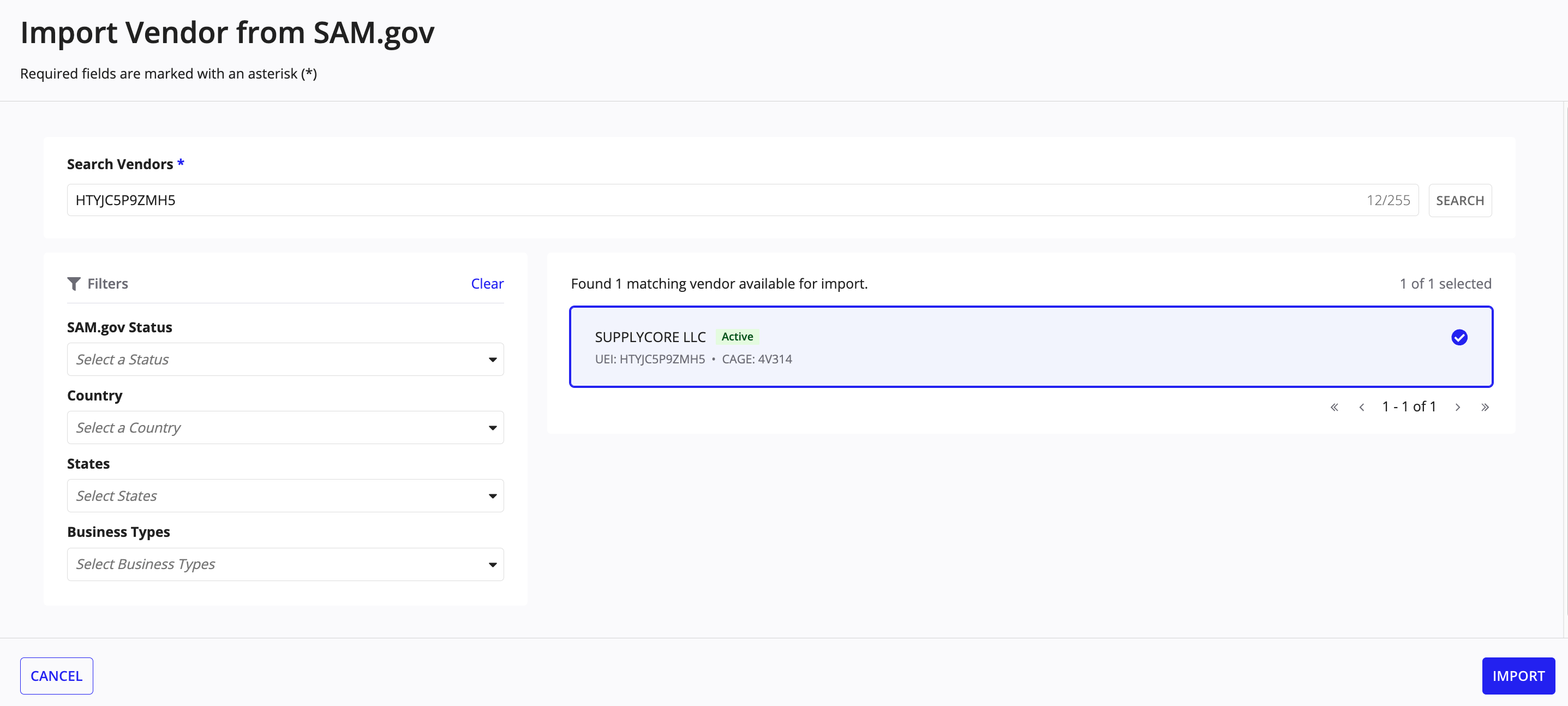 SAM.gov vendor import guided experience showing UEI search results with a selected vendor.