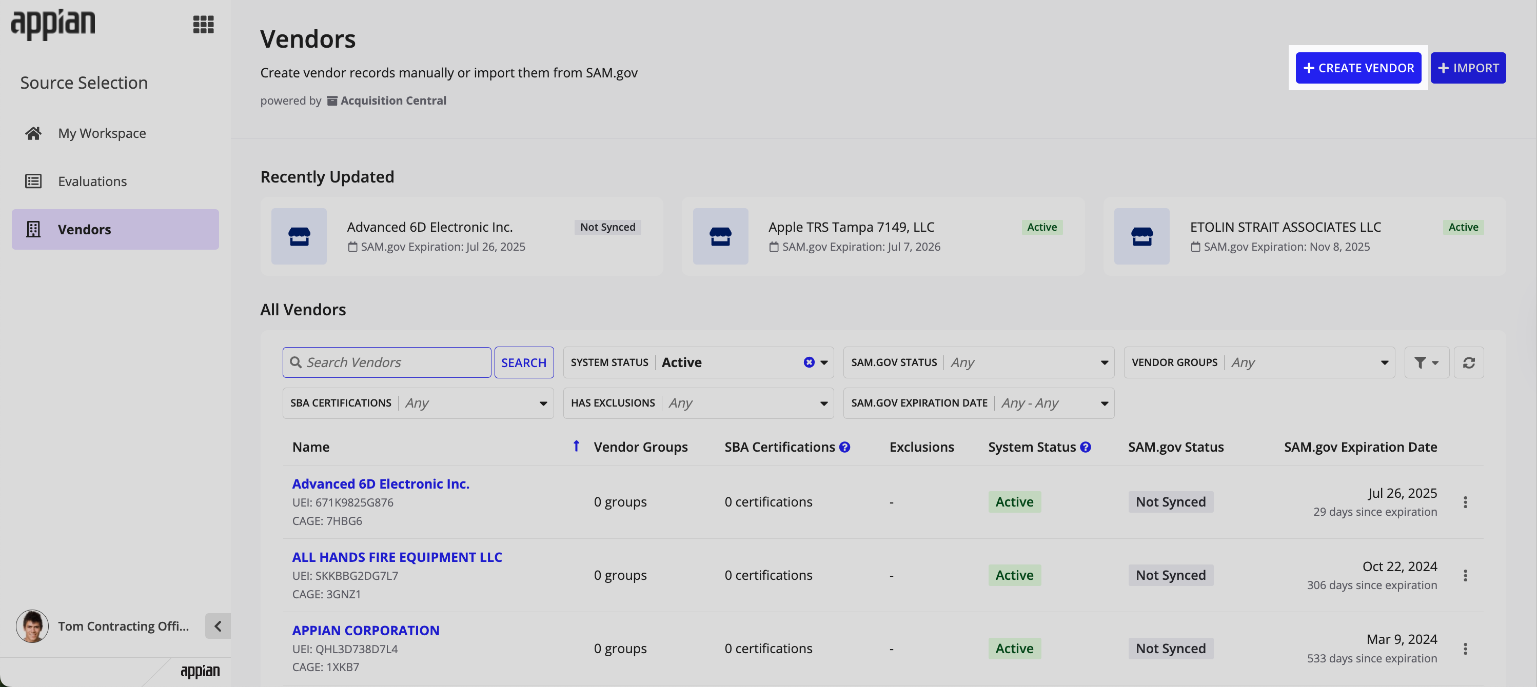All Vendors list in GSS with search, filter options, and vendor details.