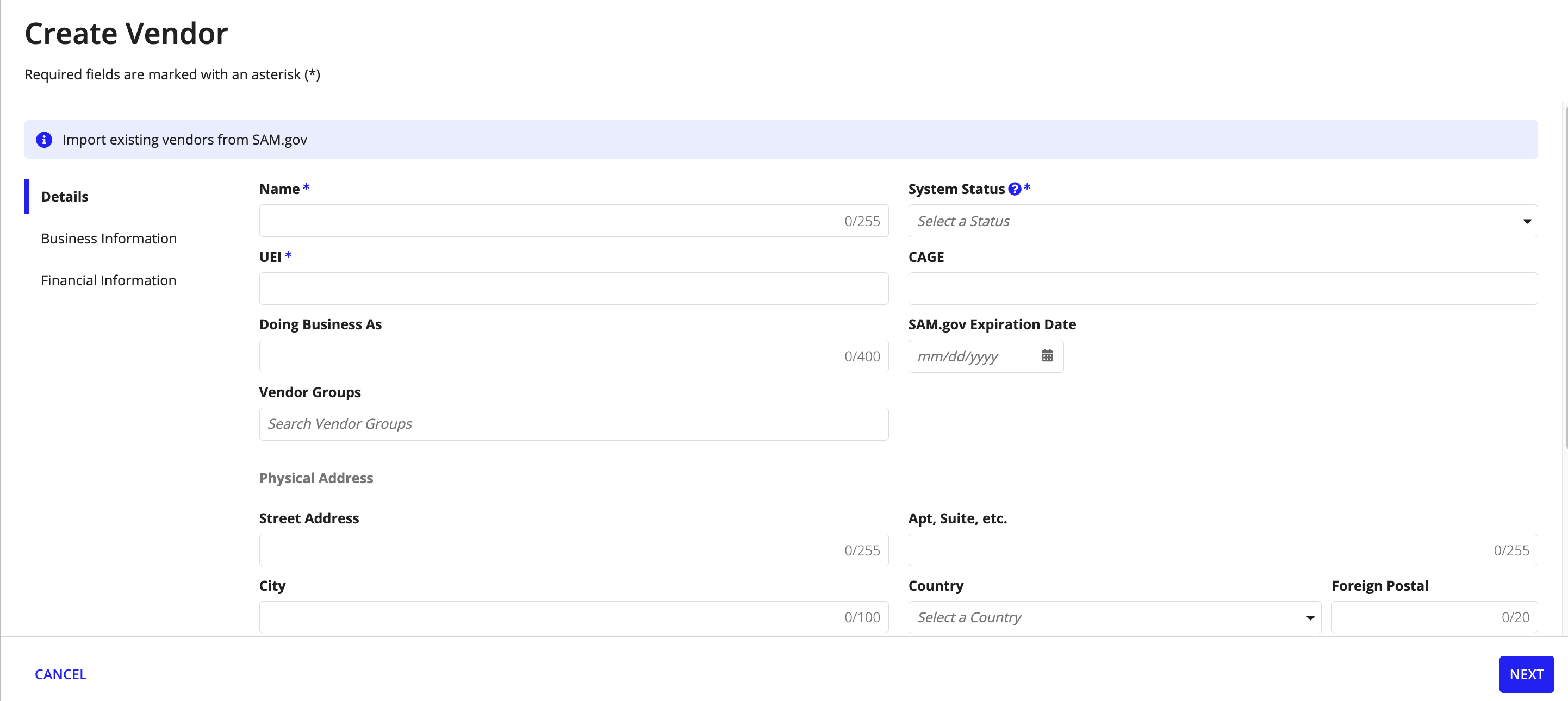 Details tab with fields for basic vendor information.