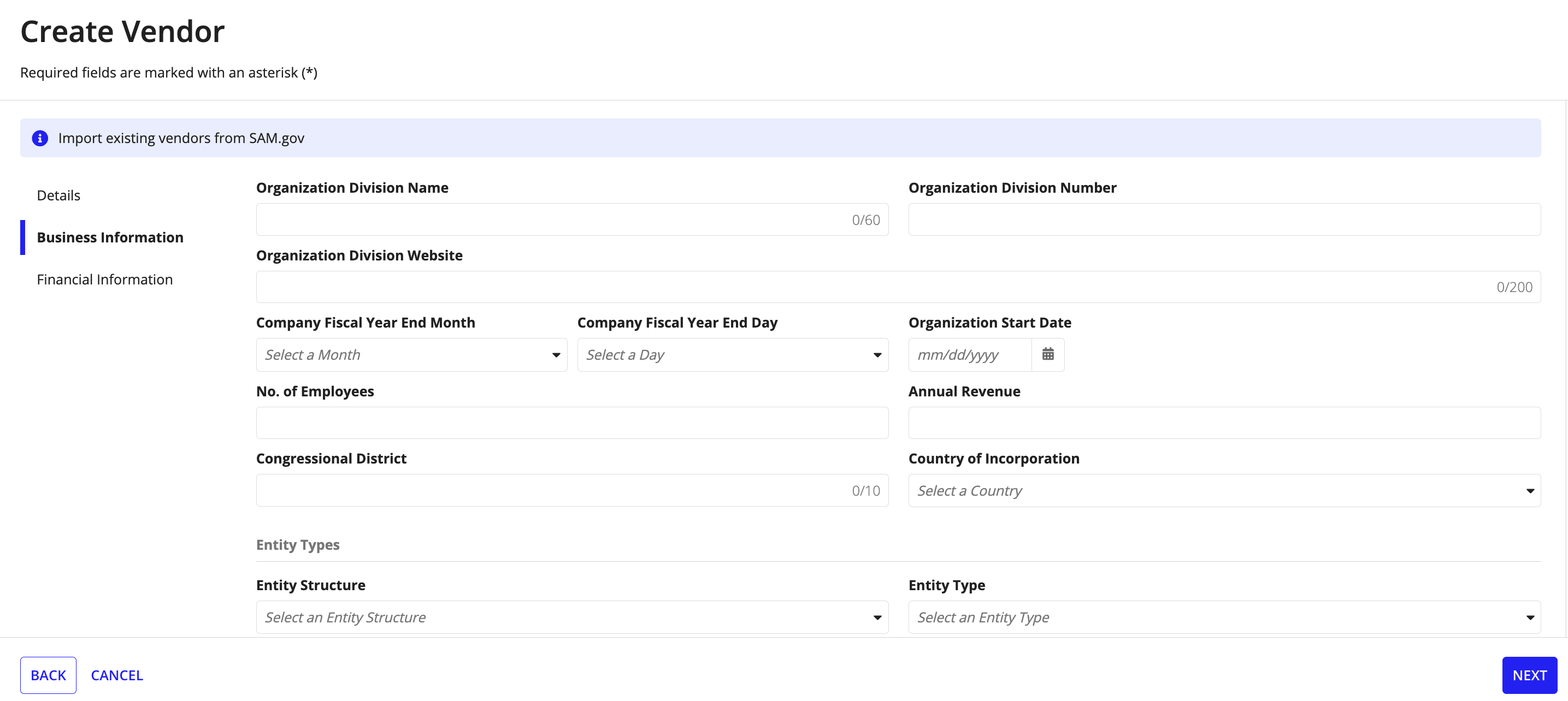 Create Vendor guided experience: Business Information tab for entering organization details.