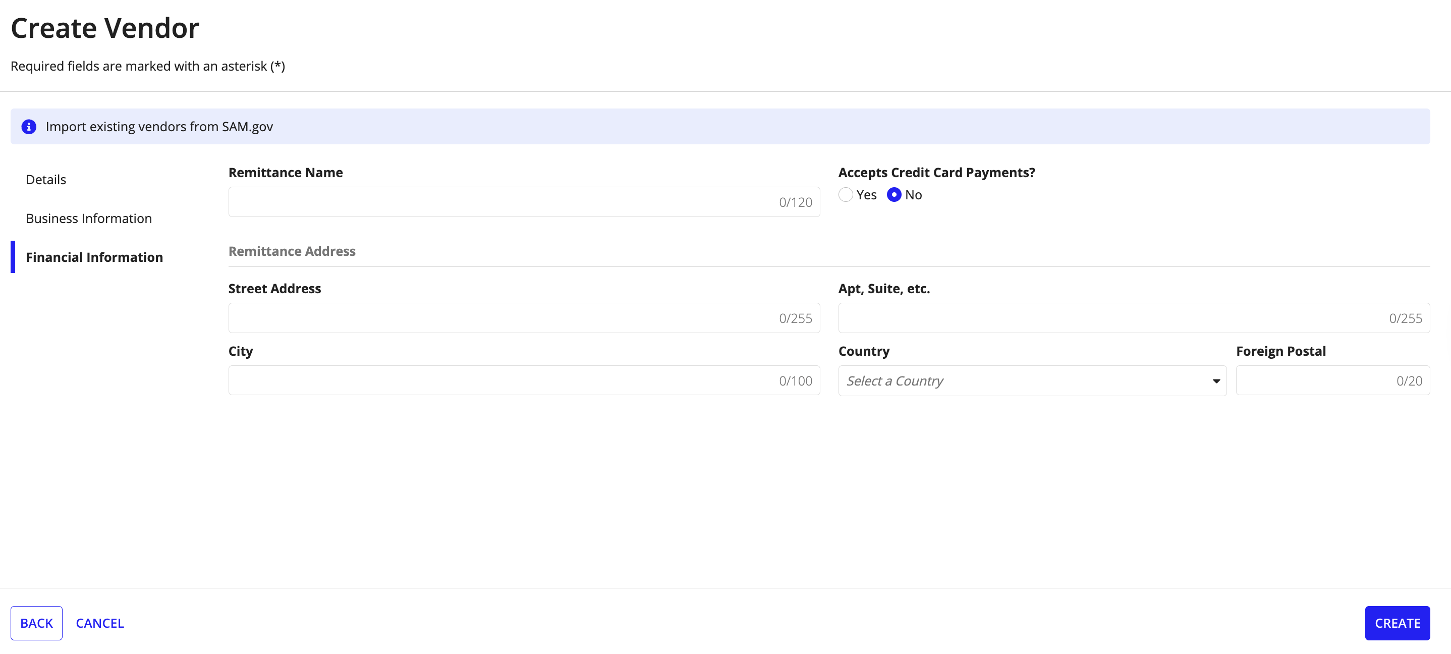 Create Vendor guided experience: Financial Information tab for remittance details.