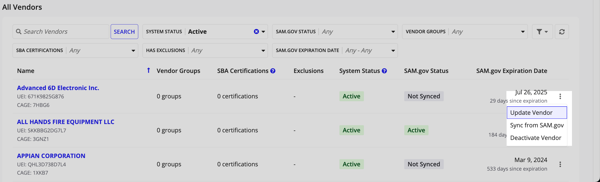 Vendors list showing 'Update Vendor' action selected via ellipsis menu.