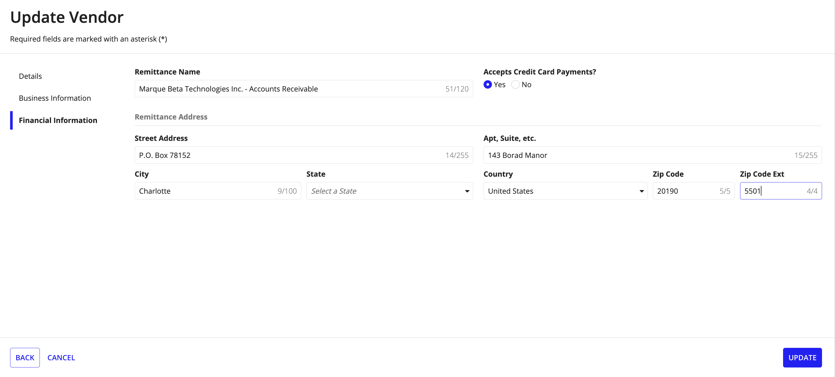 Update Vendor form, Financial Information tab, displaying UPDATE button.