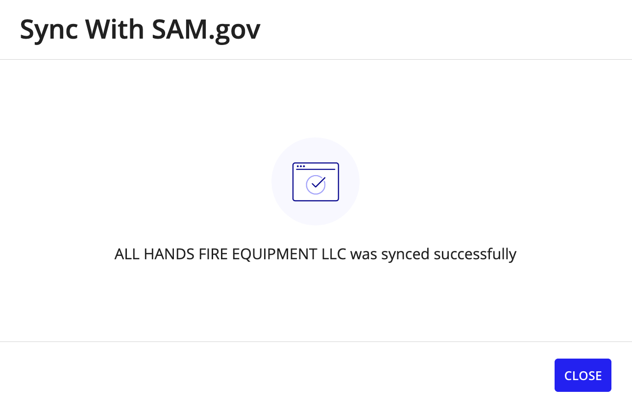 Vendor sync success confirmation dialog for SAM.gov data.