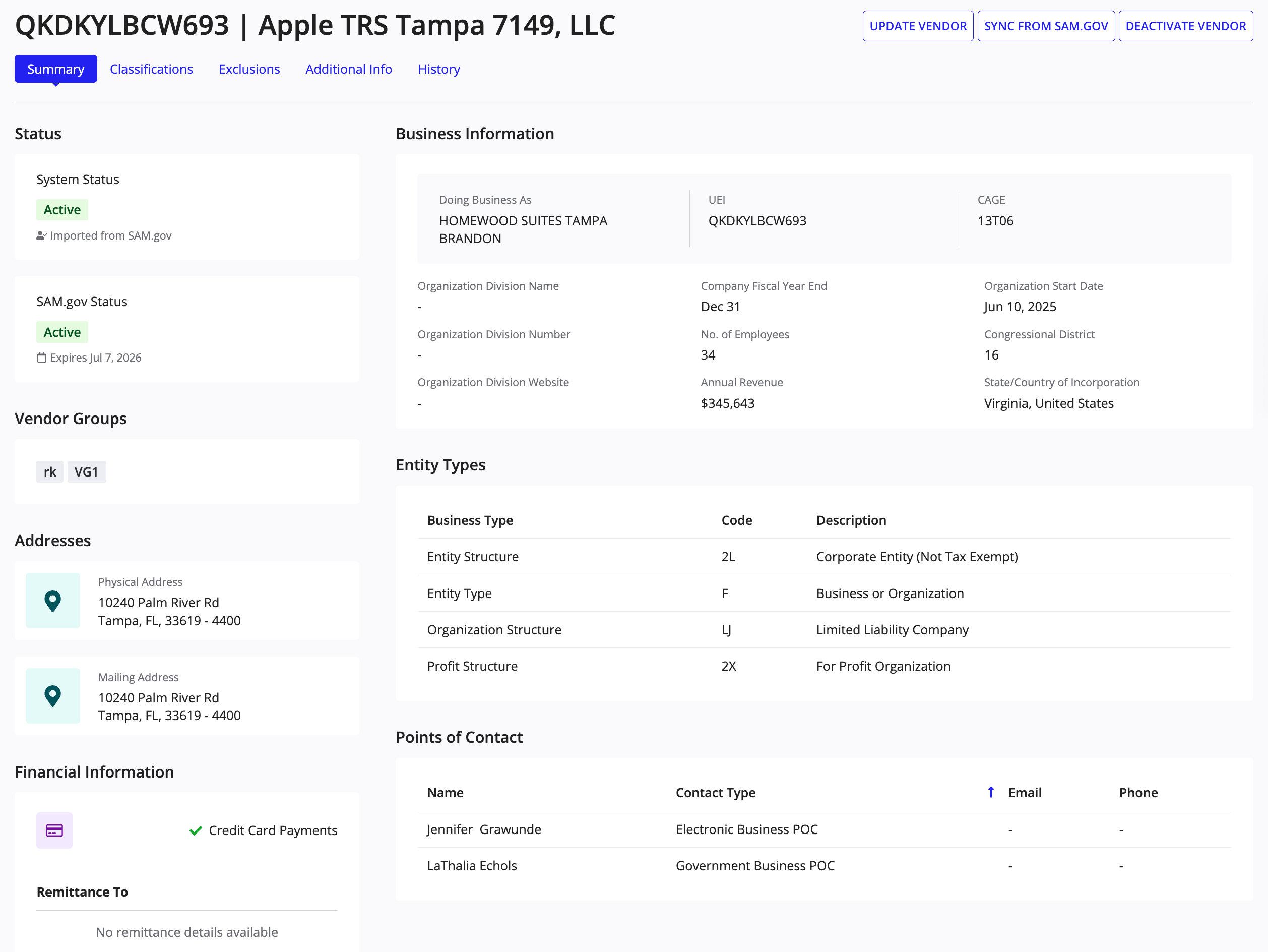 GSS vendor summary tab showing statuses, business info, addresses, and points of contact.