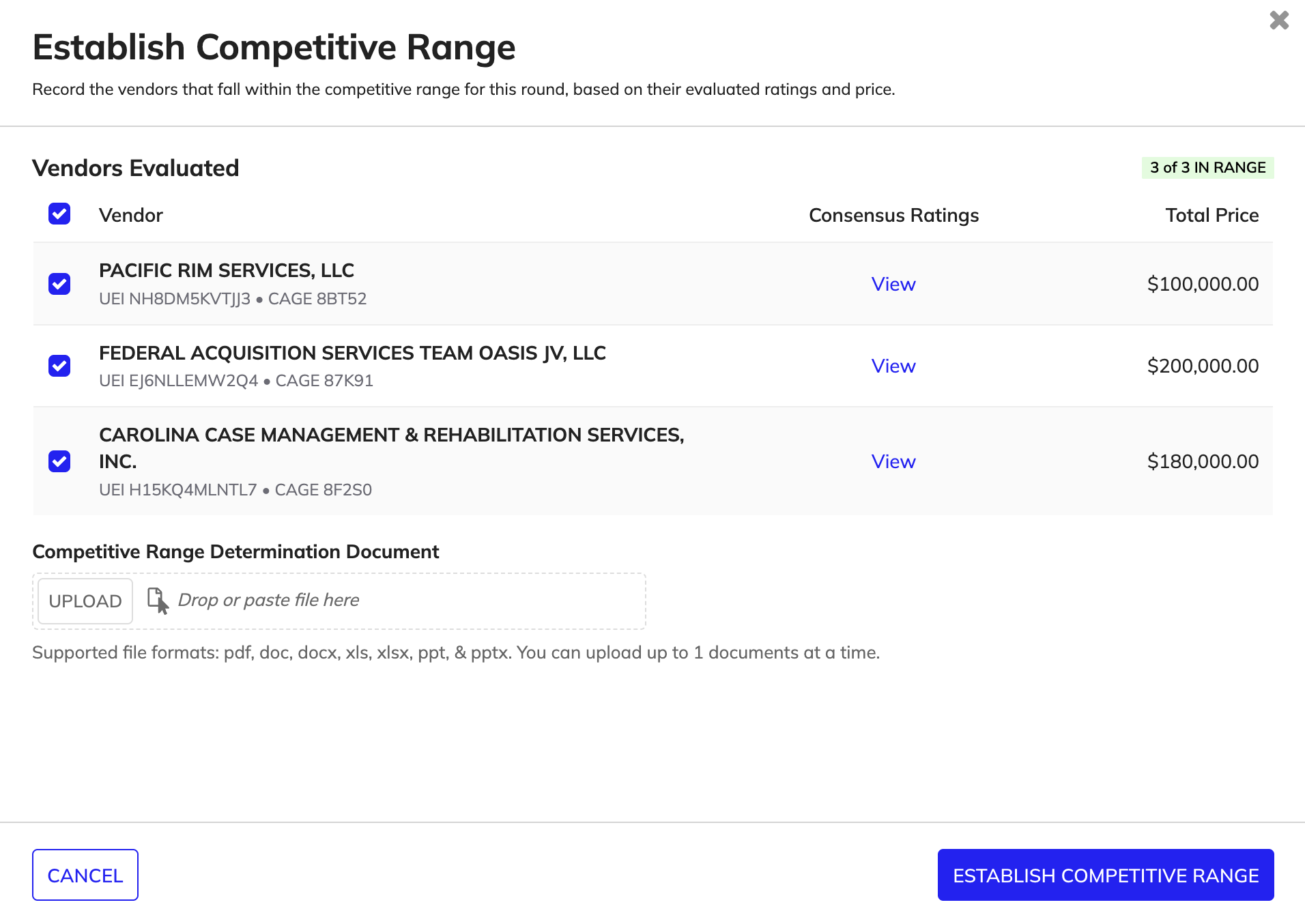 Establish Competitive Range screen showing evaluated vendors, ratings, prices, and document upload.