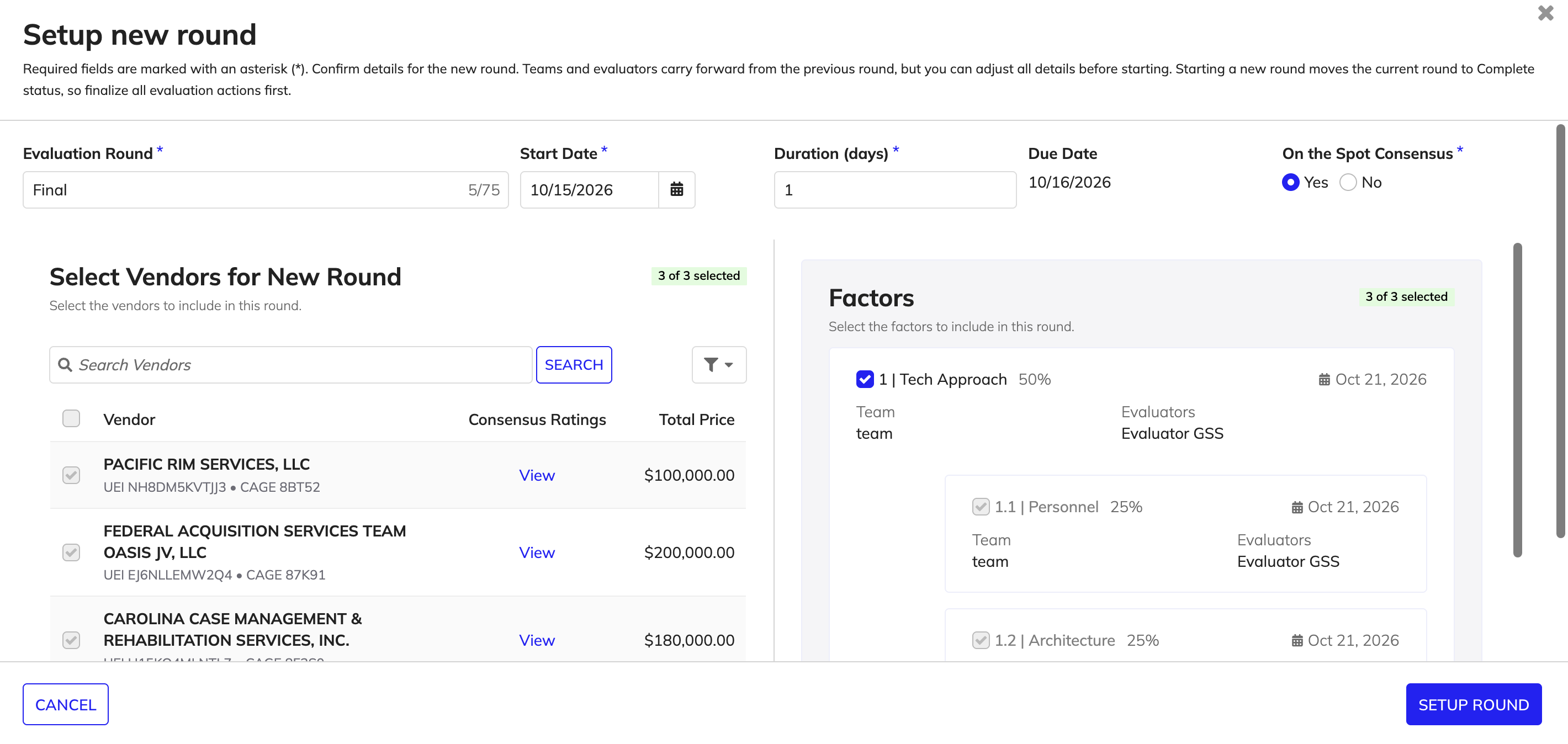 Setup new round dialog showing round details, vendor selection, and factor selection.