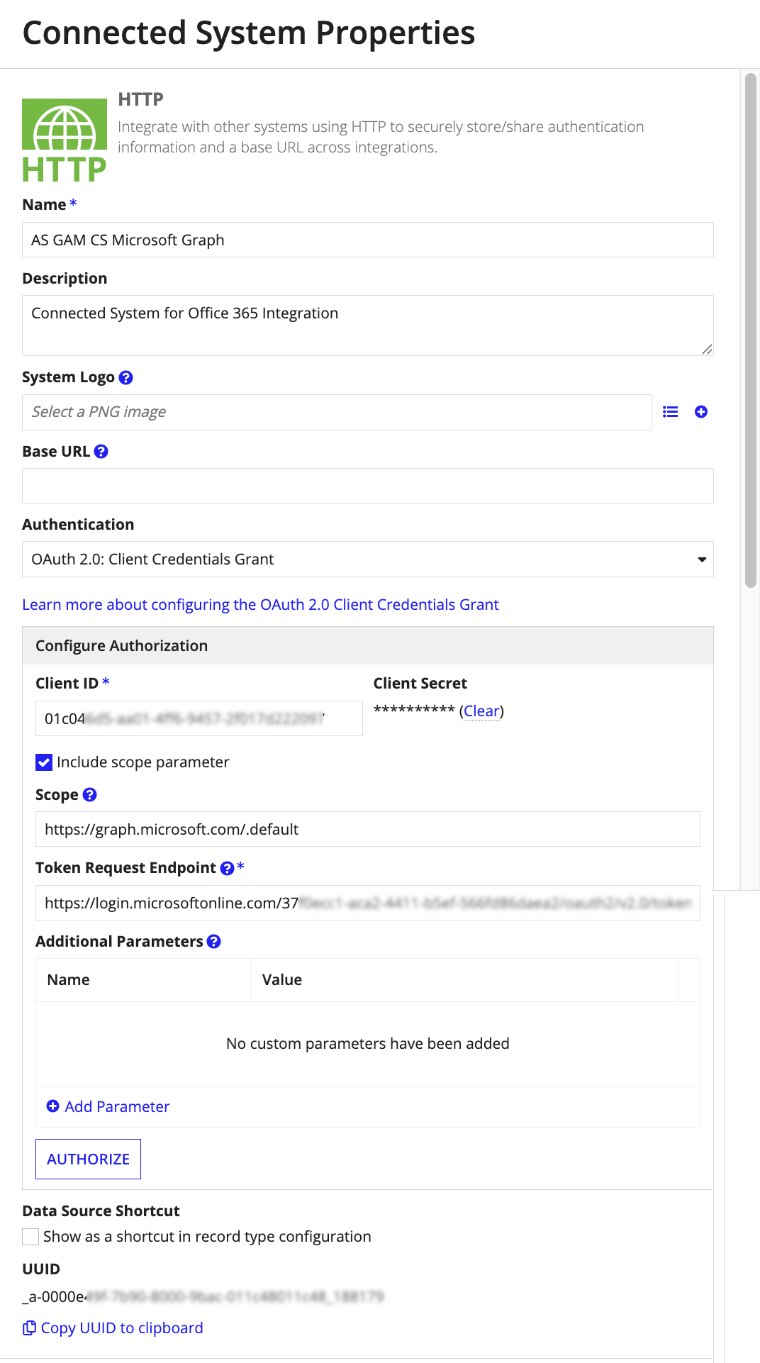 Update Configure Authorization fields in the Connected System.
