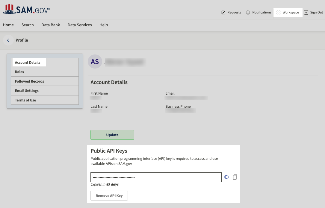 SAM.gov Account Details page with generated API key.