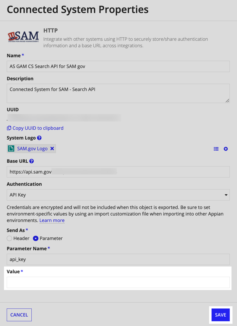 Appian Connected System properties for SAM.gov API configuration.