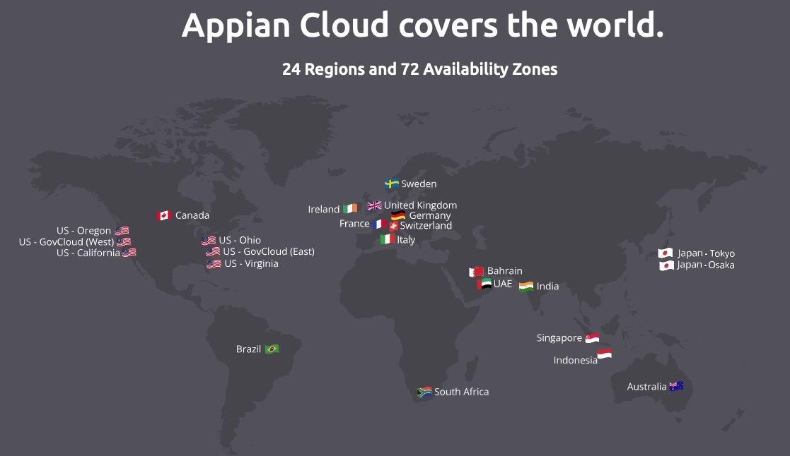 Map showing available Appian Cloud regions
