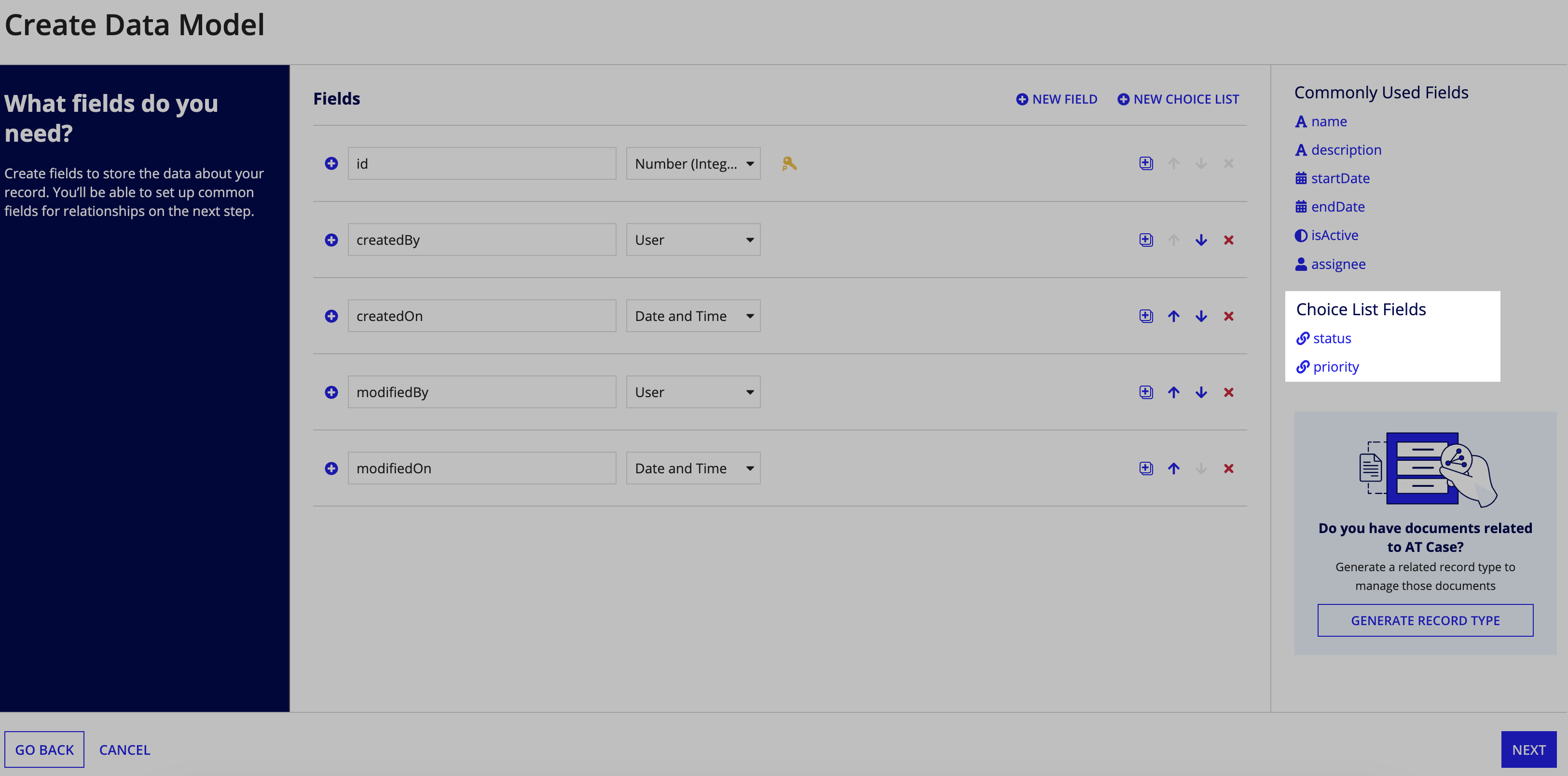 Choice list fields highlighted in the Create Data Model dialog