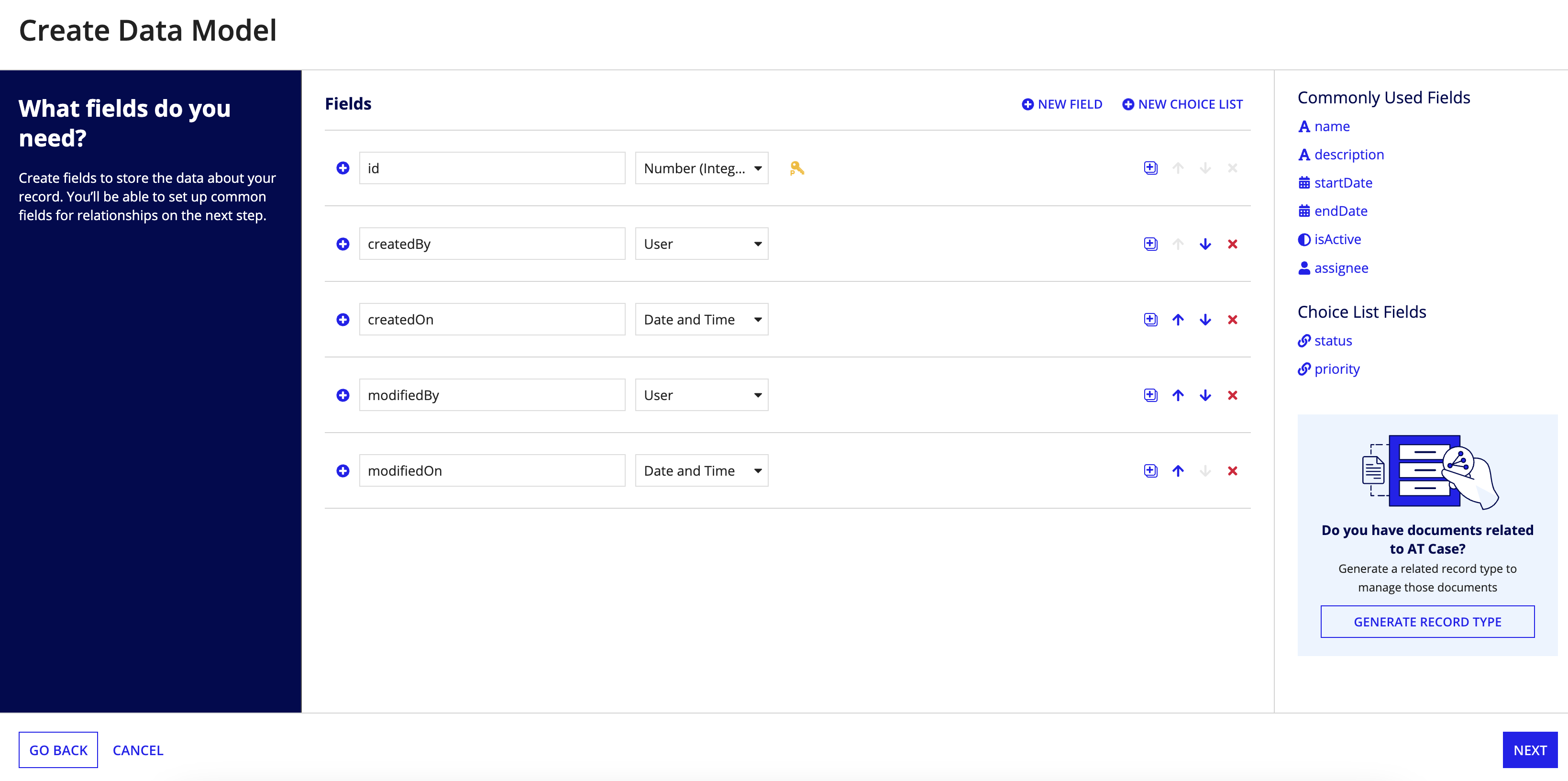data structure configuration in the Create Data Model dialog