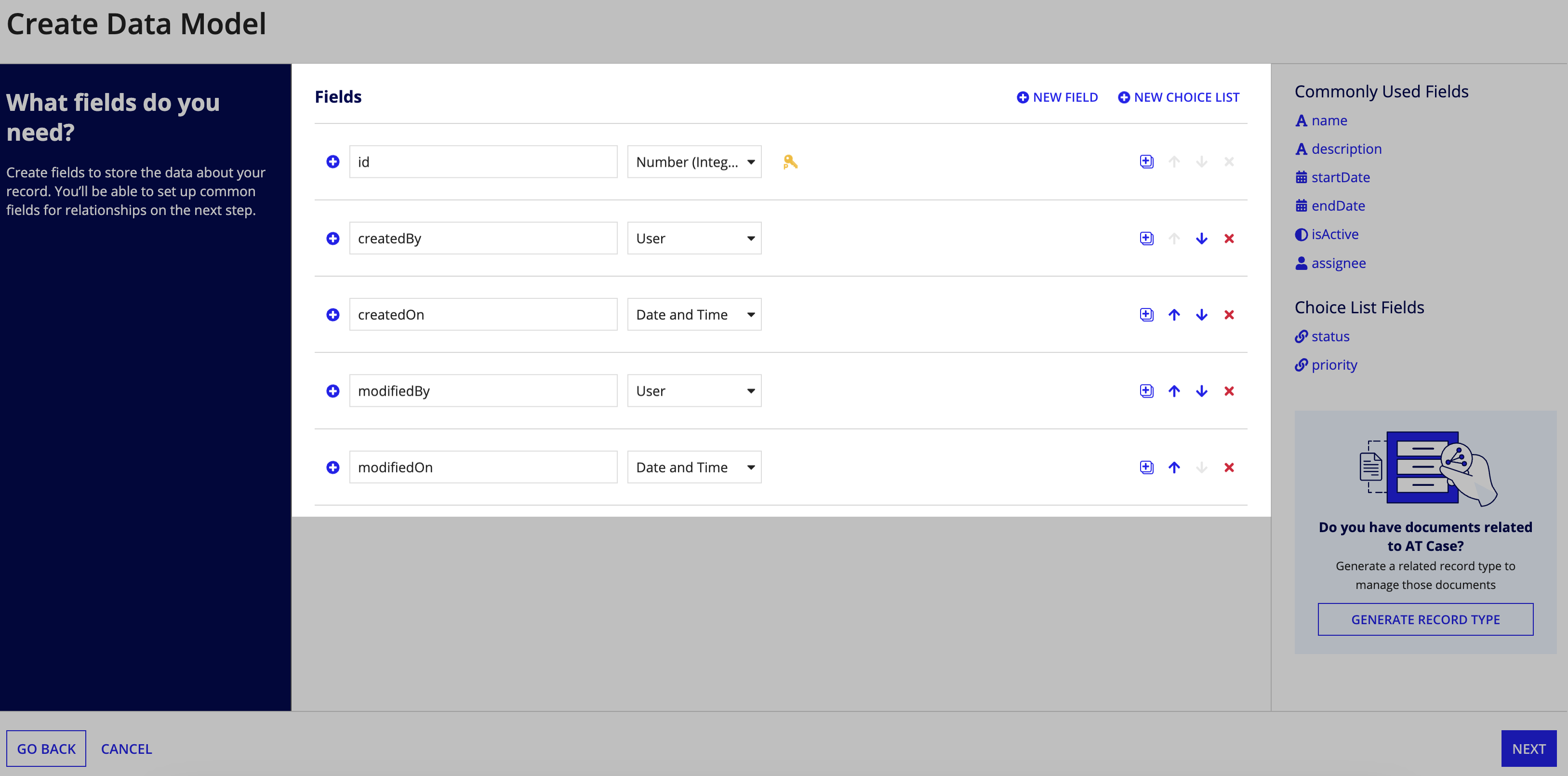 default fields highlighted in the Create Data Model dialog