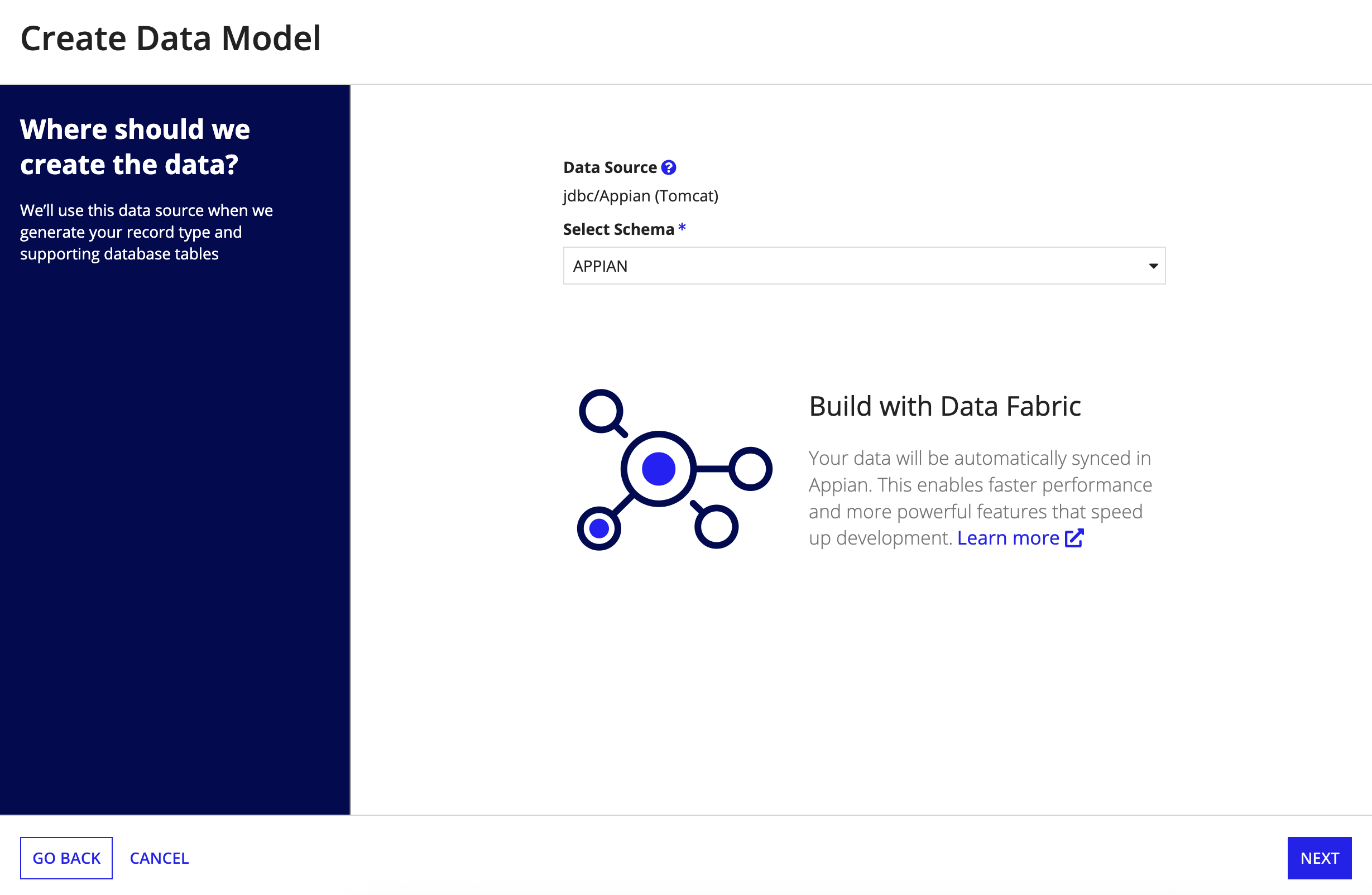 option to select database in the Create Data Model dialog