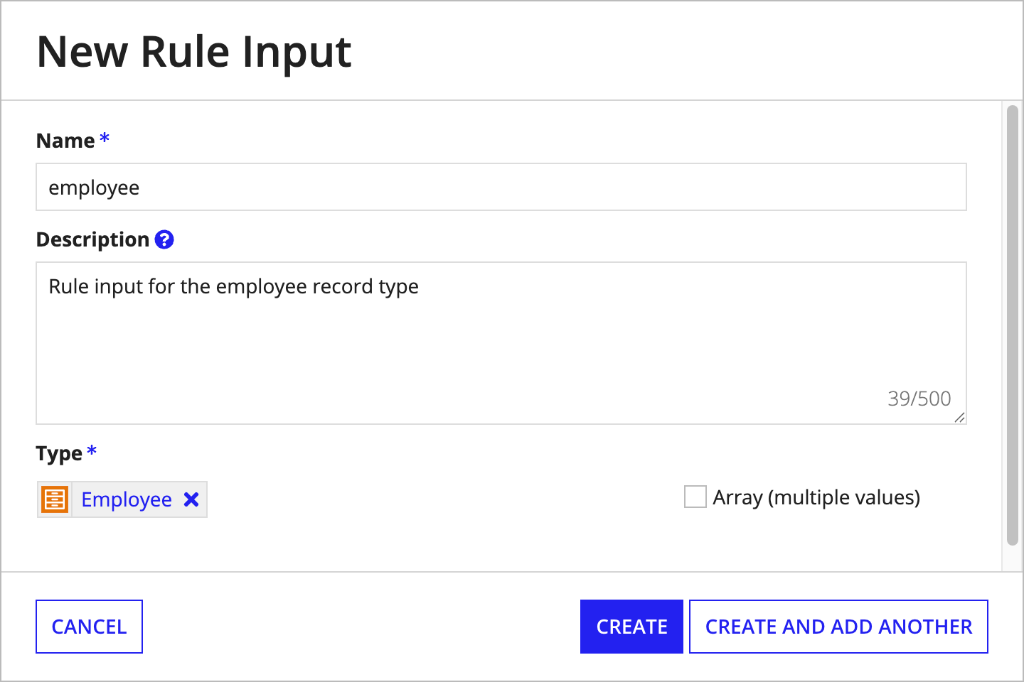 screenshot showing the Edit Rule Input dialog with the Employee rule input
