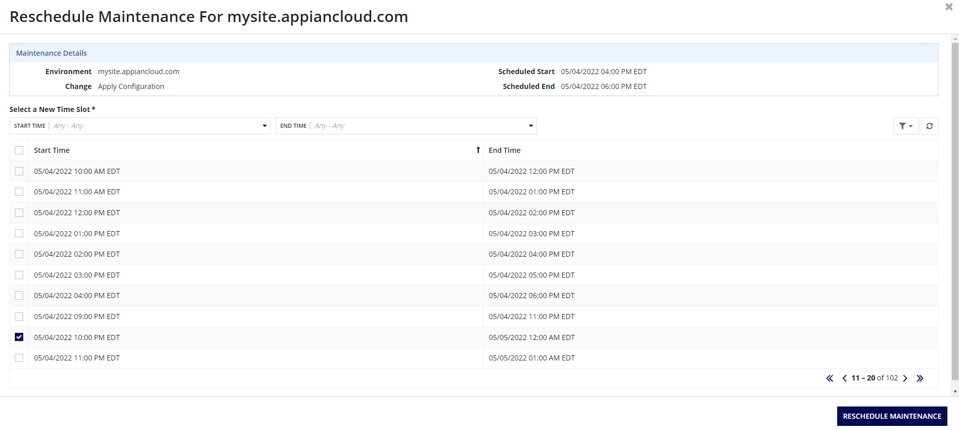 Reschedule maintenance dialog with available time slots
